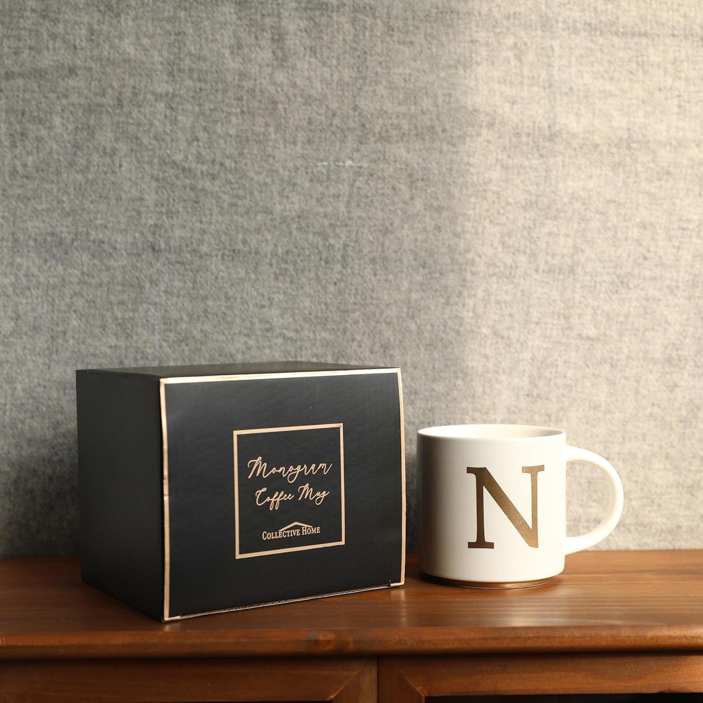 COLLECTIVE HOME - Monogram Ceramic Mugs, 15 oz Golden Initial Coffee Cups, Elegant Alphabet Tea Mugs, Elegant Personalized Mug with Gift Box, Unique Mug with Double Side Capital Letter (N)