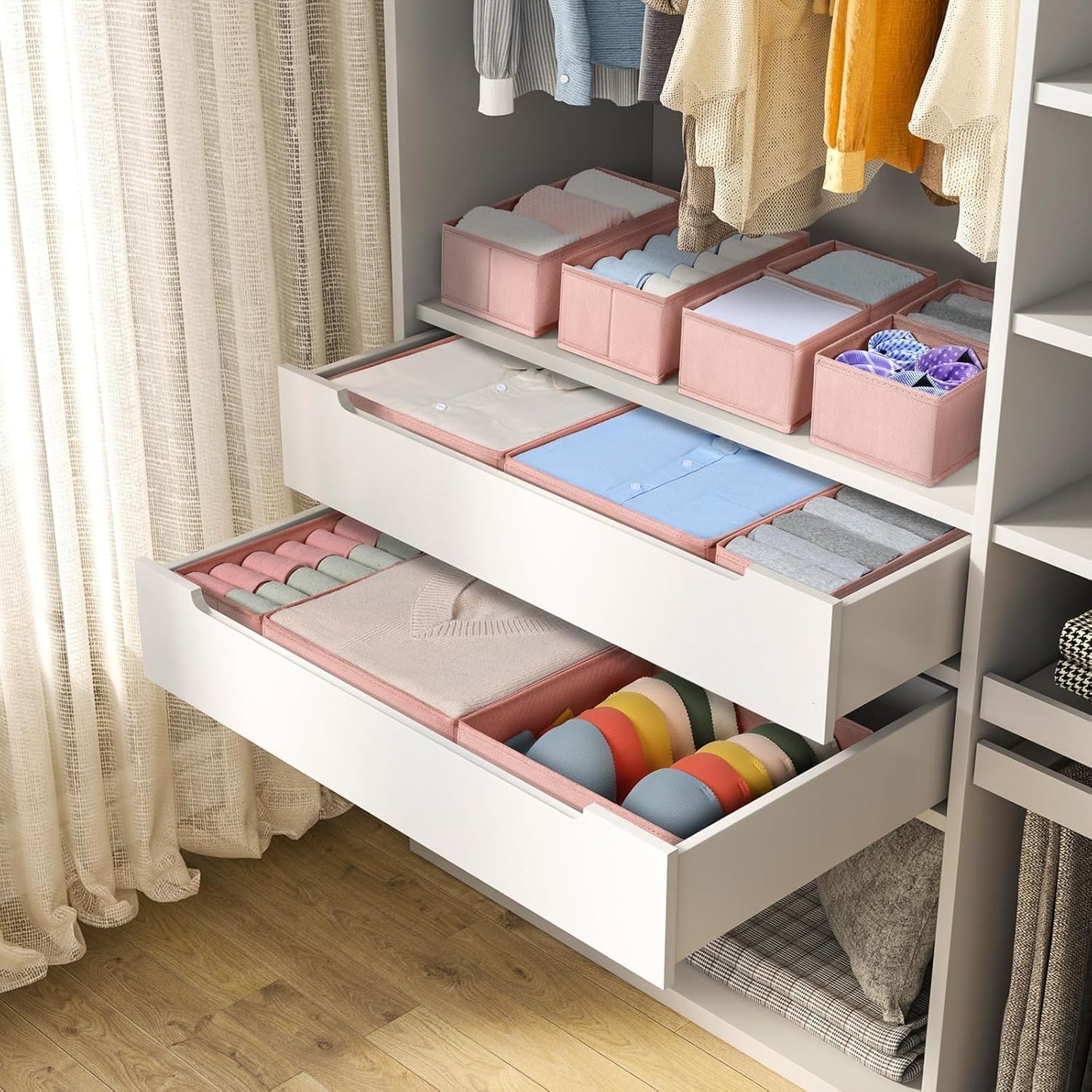DIMJ Drawer Organizer Clothes 15 Pack - Foldable Dresser Organizer for Nursery, Bedroom, Closet - Pink Dividers for Baby Clothes, Underwear, Clothing, Sock, Belt, Tie