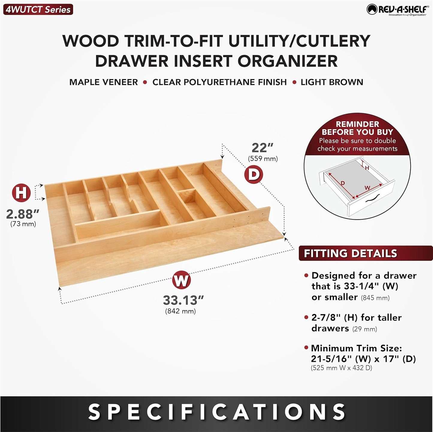 Rev-A-Shelf Trim-to-Fit Silverware Drawer Organizer For Kitchen Utensils, Cutlery Cabinet Storage Divider Insert, 33" x 22", Maple Wood, 4WUTCT-36-1