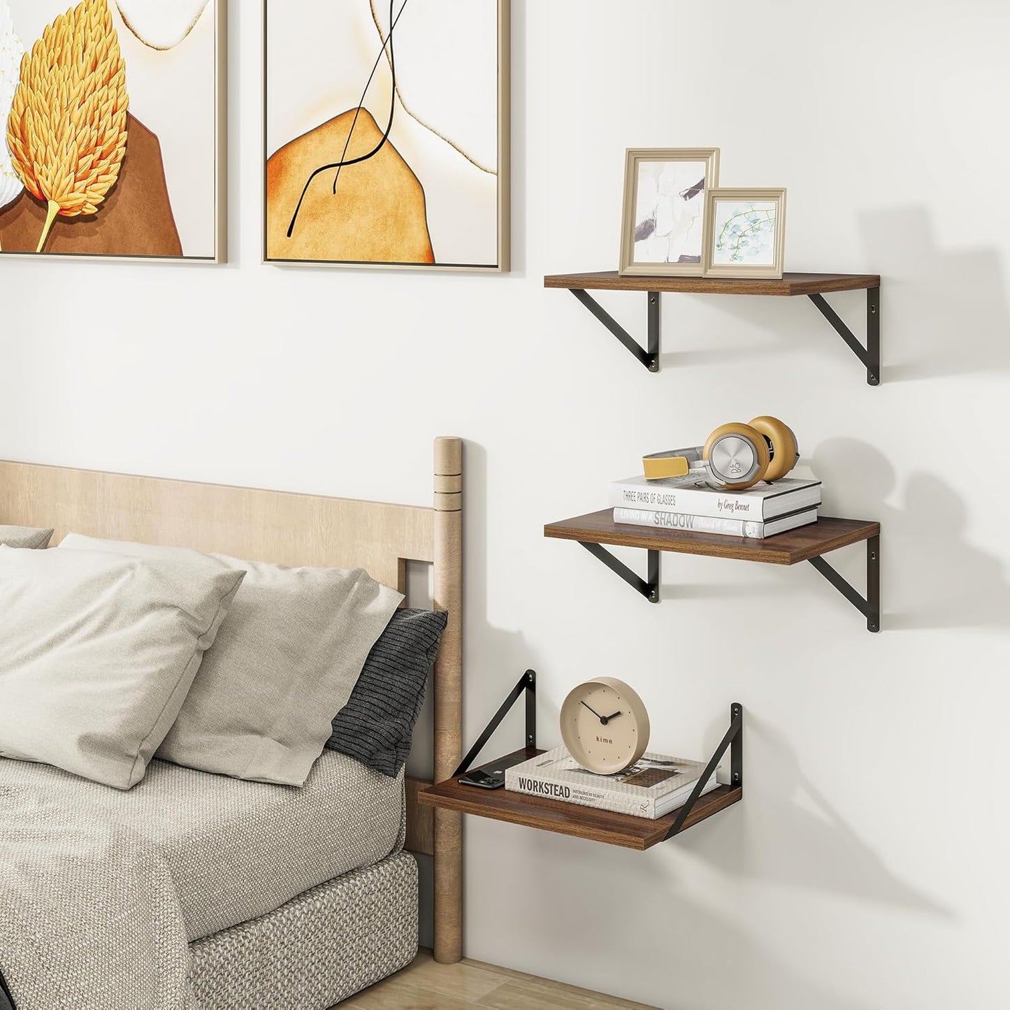 Heimlove Deep Floating Shelves for Wall, 12 Inch Deep Floating Shelves Set of 3, 16W x 12D Wood Wall Shelves, Wide Wood Shelves with Metal Bracket for Living Room, Kitchen, Office, Bedroom - Walnut