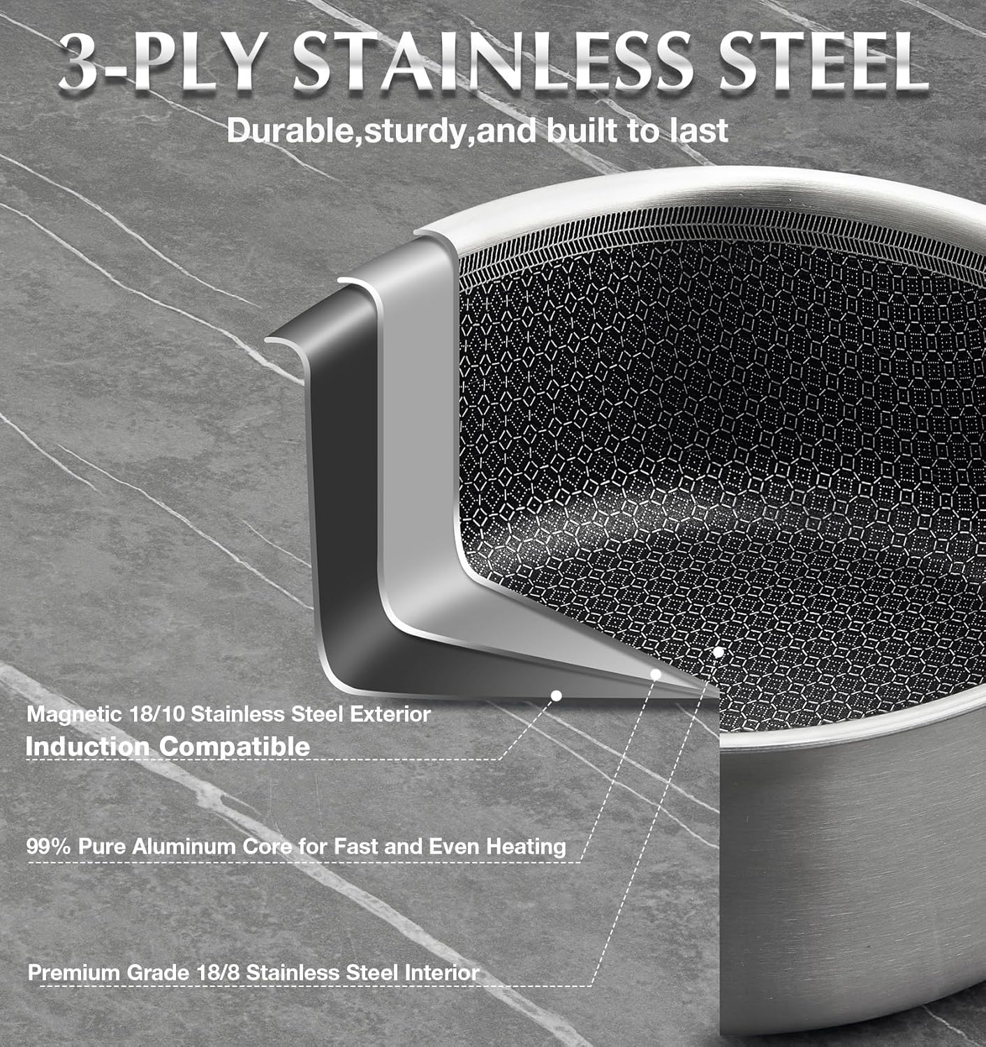 KOCH SYSTEME CS Hybrid Nonstick Stainless Steel Saucepan Set, 1QT & 2QT Triply Stainless Steel Saucepan Set with Hybrid Nonstick Honeycomb Interior, 4-Piece Sauce Pans, Induction Steel Pot Set