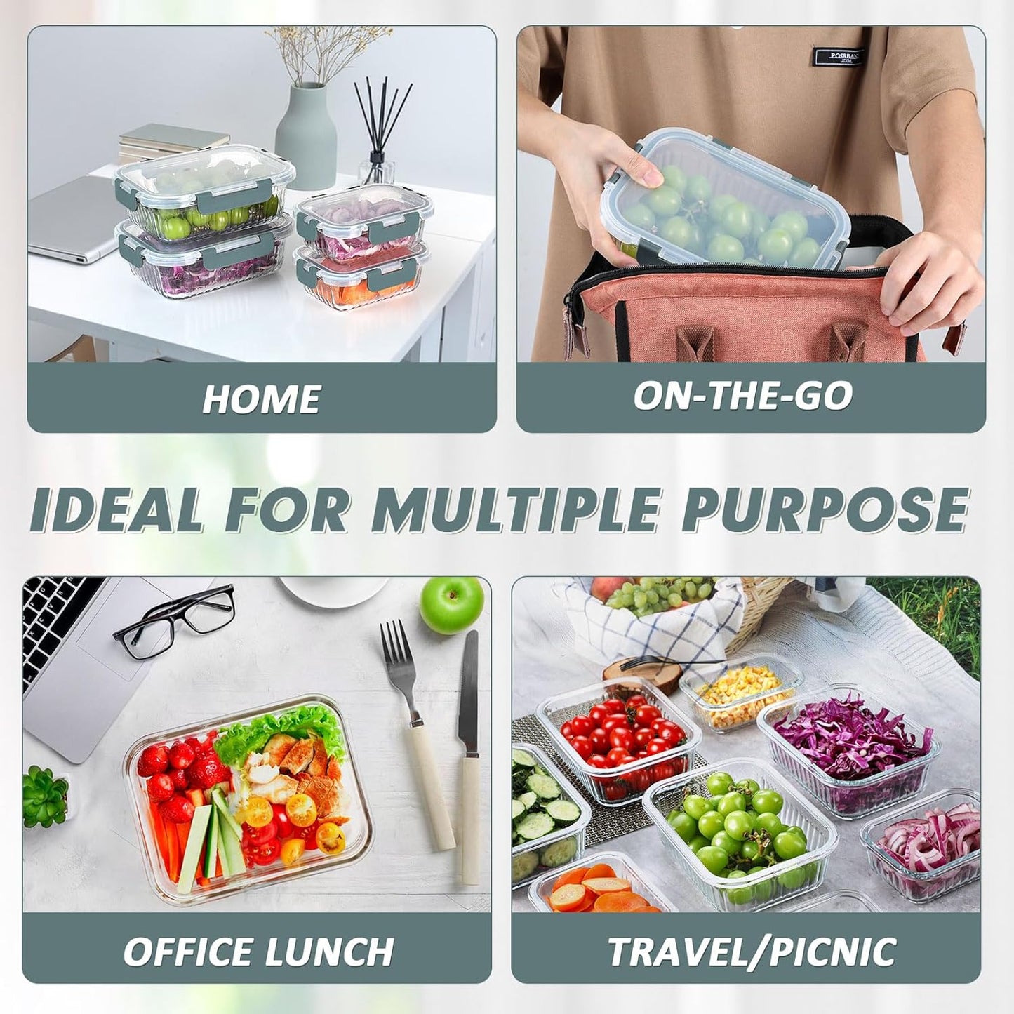 KOMUEE 10 Packs Glass Meal Prep Containers with Lids, Glass Food Storage Containers Set, Airtight Lunch Containers, Microwave, Oven, Freezer and Dishwasher Safe, Gray