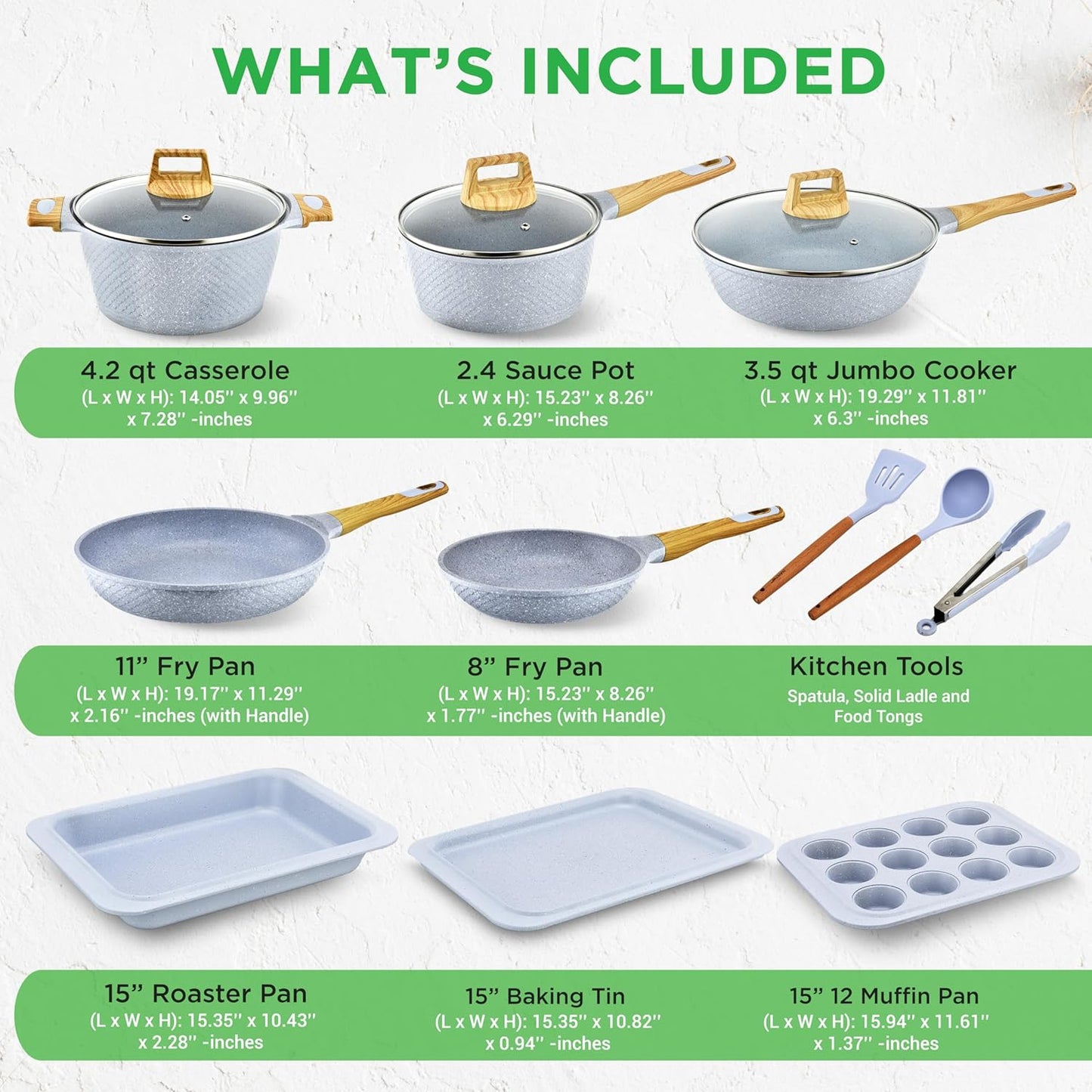 Nutrichef 22-Piece Cookware and Bakeware Set | Professional Home Kitchen Collection with Multi-Sized Pots, Pans, Non stick and Heat-Resistant Tools (Moon Grey Marble)