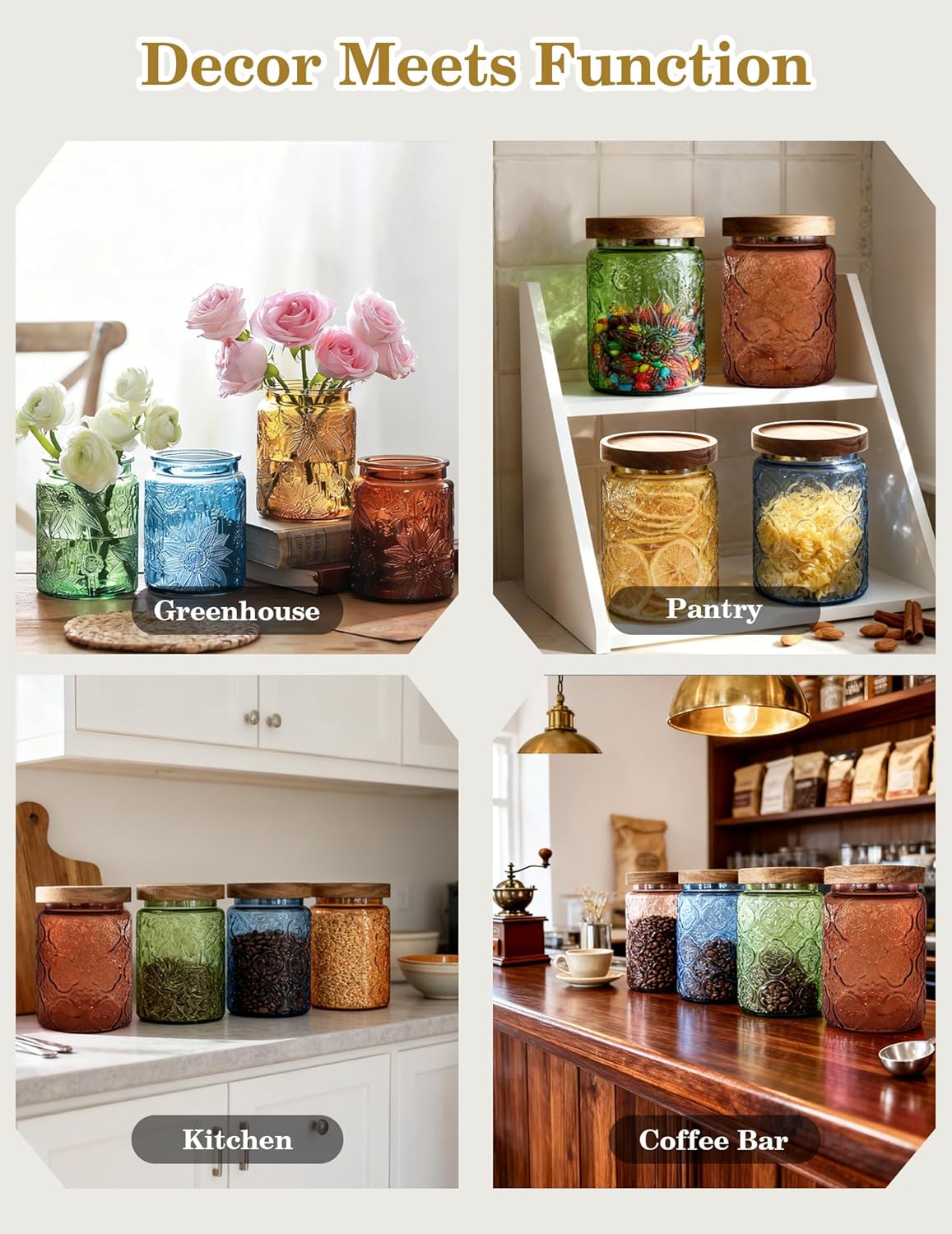 Glass Jar with Airtight Wood Lid – 24 OZ Kitchen and Pantry Canister, Decorative Vintage Storage Container for Candy, Coffee, Cookie, Cereal, Flour, Sugar, Tea, Apothecary, Green Begonia