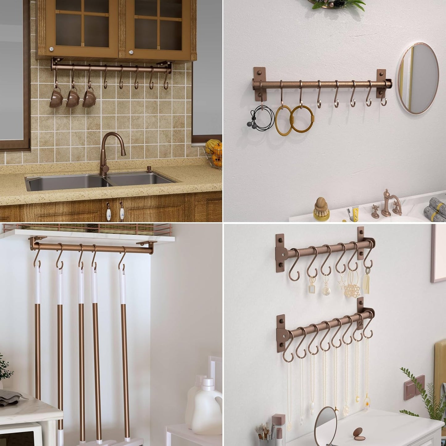 Dseap Kitchen Utensil Holder Hanger, Pot and Pan Rack Wall Mounted, Kitchen Rail with 8 Hooks for Hanging Cooking Utensils, Mugs, Spoons, Wall Mounted, Antique Copper, Pack of 2