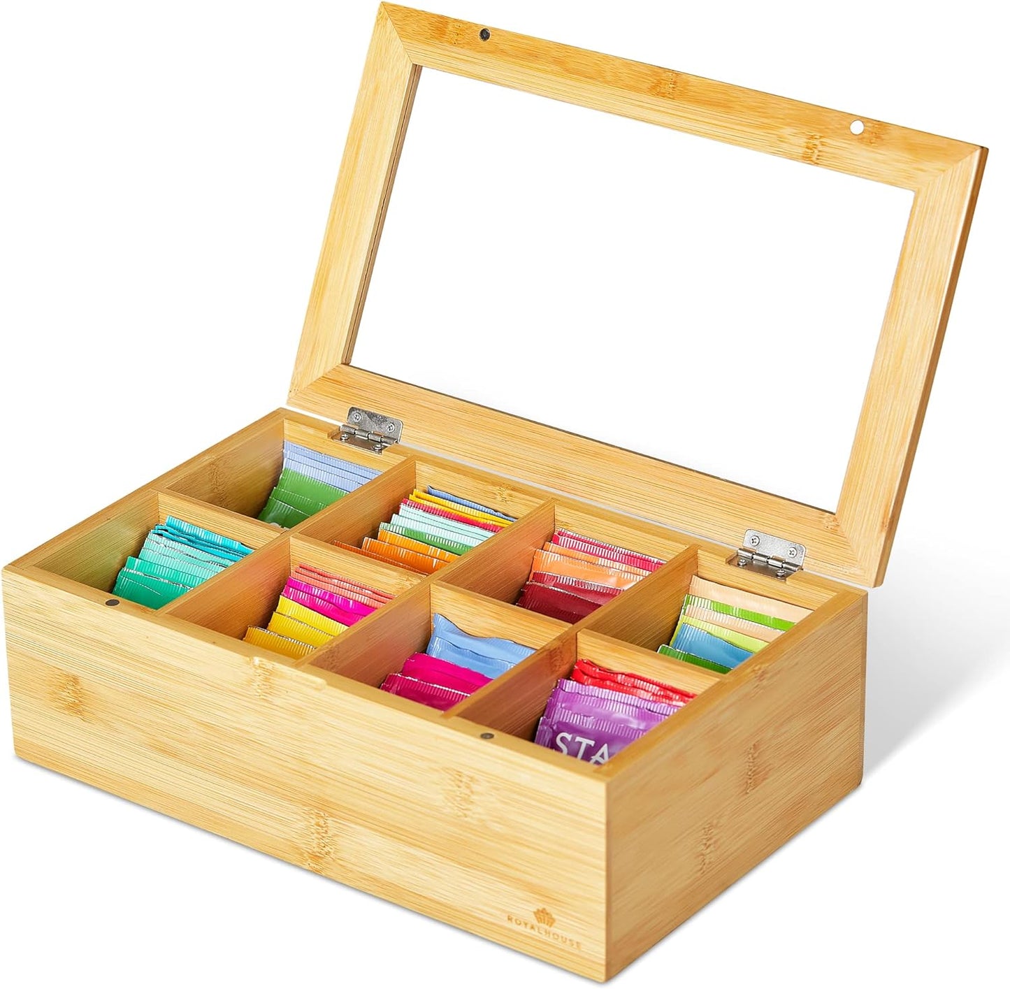 RoyalHouse Big Natural Bamboo Tea Storage Organizer with Clear Acrylic Top Window, 8 Compartments Eco-Friendly Tea Bag Holder, Multi-Functional Storage Box