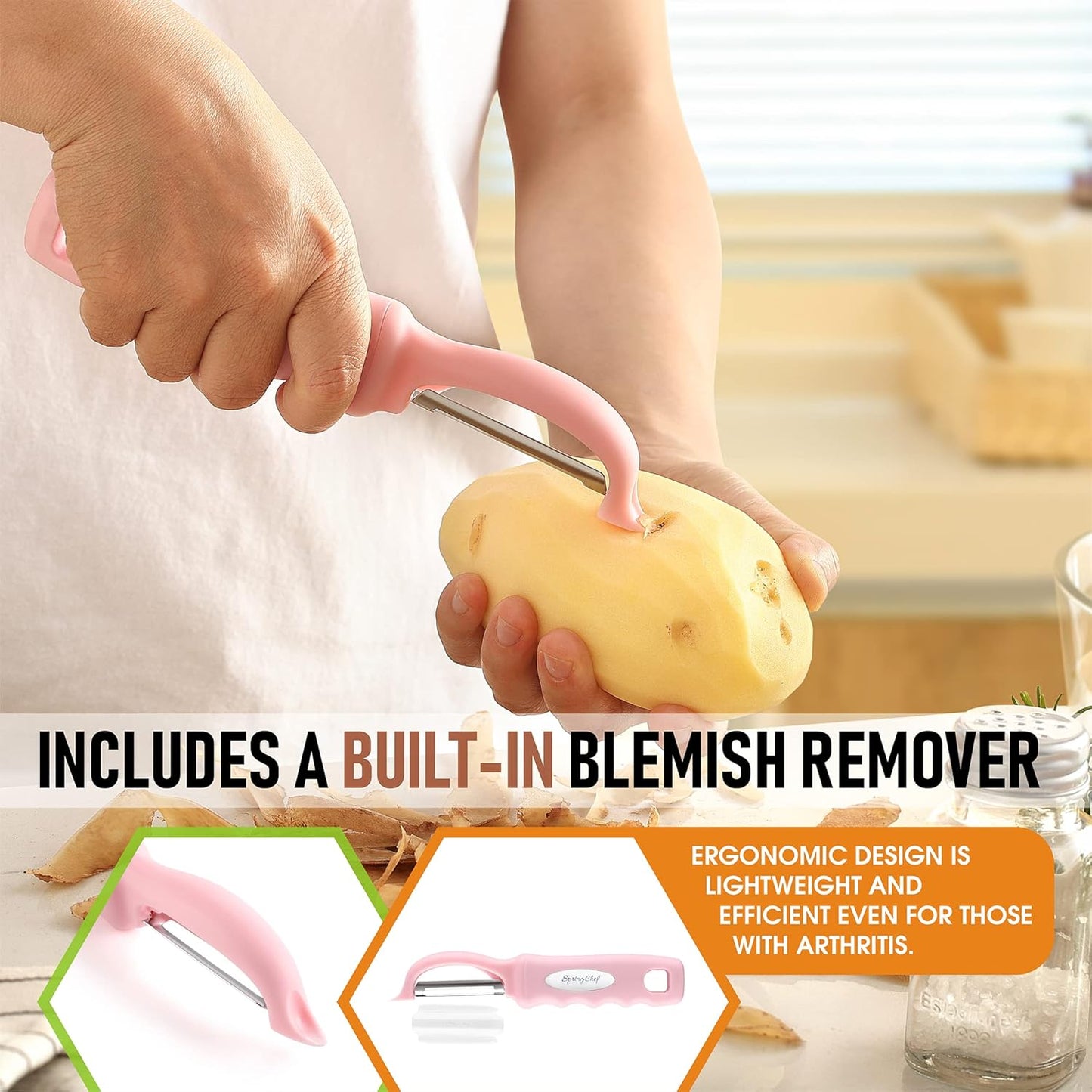 Spring Chef Premium Swivel Vegetable Peeler, Soft Grip Handle and Ultra Sharp Stainless Steel Blades - Perfect Kitchen Peeler For Veggie, Fruit, Potato, Carrot, Apple - Pink Lemonade - Set of 2