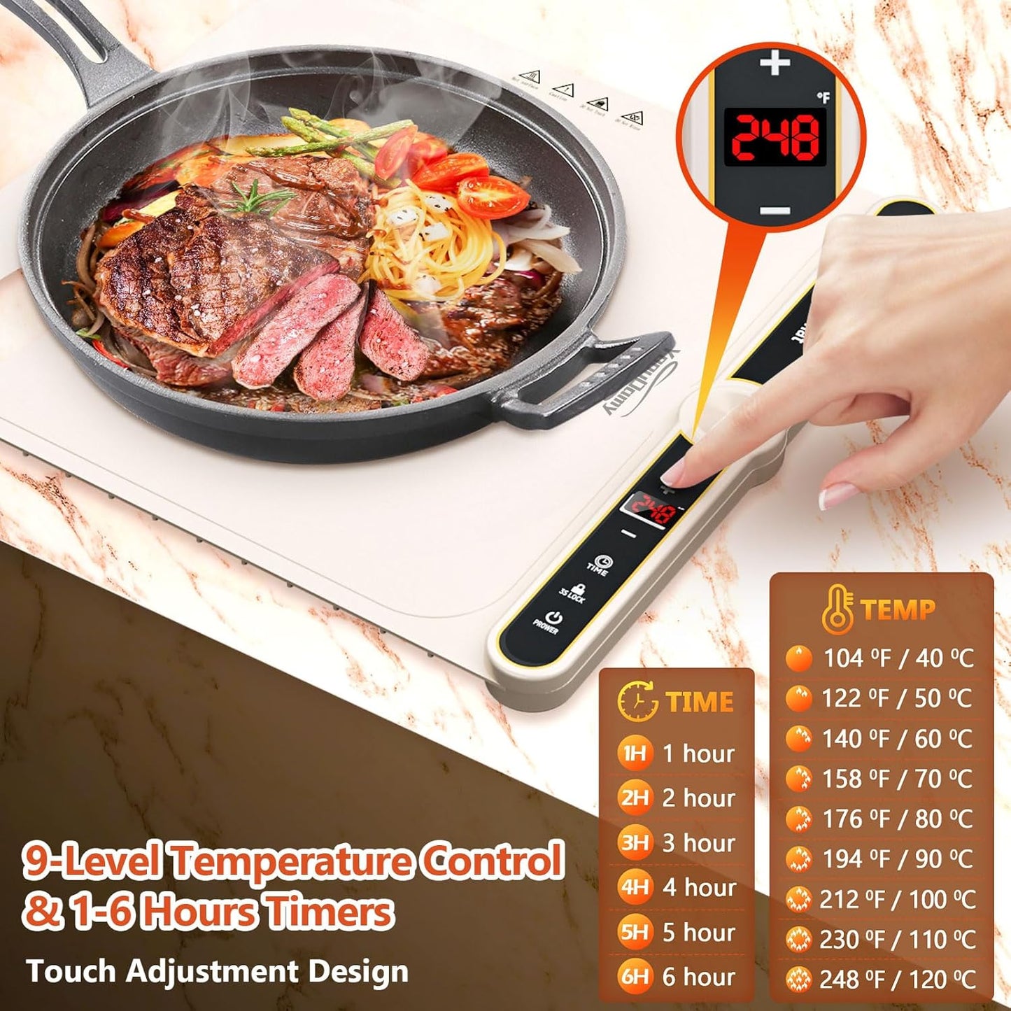 Silicone Warming Mat for Food - Electric Warming Trays for Food with 9 Temperature Settings and 6 Hours Timer, Heating Pad for Food Warming with Full Surface Heating for Buffet Parties(Beige)