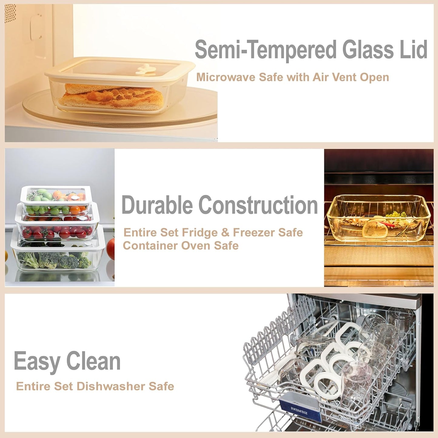Urban Green Glass Food Container Set with Glass Lid, 3 Pack, Food Storage Containers Set, Airtight, LeakProof, 100% Plastic Free, Meal Prep Containers (White Color)