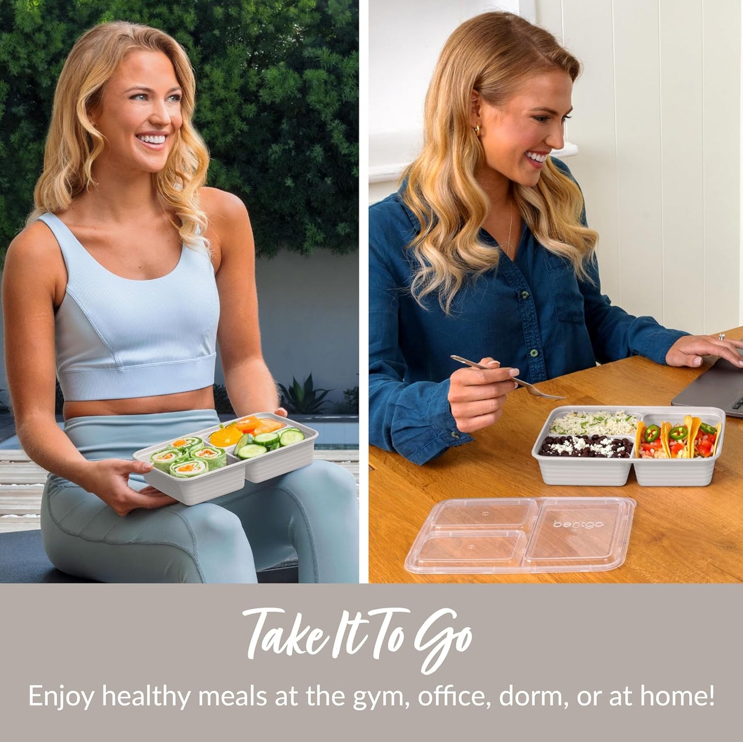 Bentgo 20-Piece Lightweight, Durable, Reusable BPA-Free 3-Compartment Containers - Microwave, Freezer, Dishwasher Safe - Stone Gray