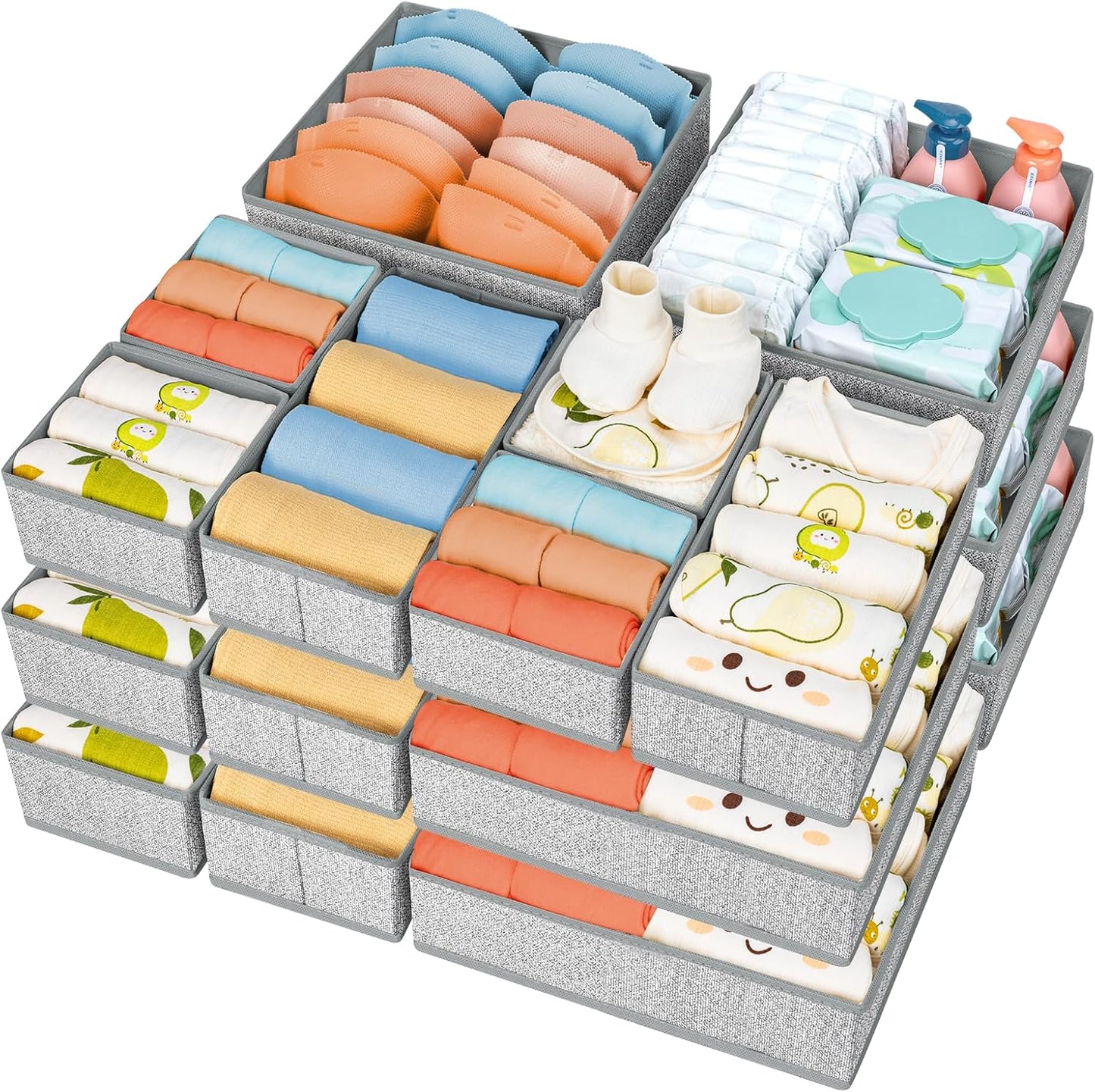 DIMJ Drawer Organizer Clothes 15 Pack - Foldable Baby Organizers and Storage & Dresser Organizer for Bedroom, Closet - Nursery Organization Dresser Dividers for underwear Sock Bra Belt Tie, Gray