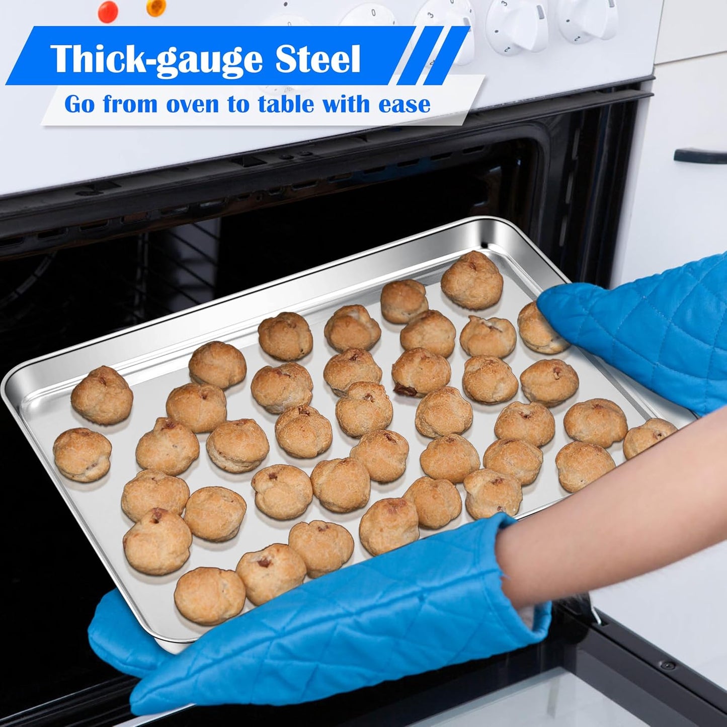 E-far Large Baking Sheets, 20”x14” Stainless Steel Cookie Sheet Pans for Oven, Non Toxic Big Metal Baking Trays for Cake Cookies, Healthy & Rust Free, Mirror Finish & Dishwasher Safe, 2 Pack