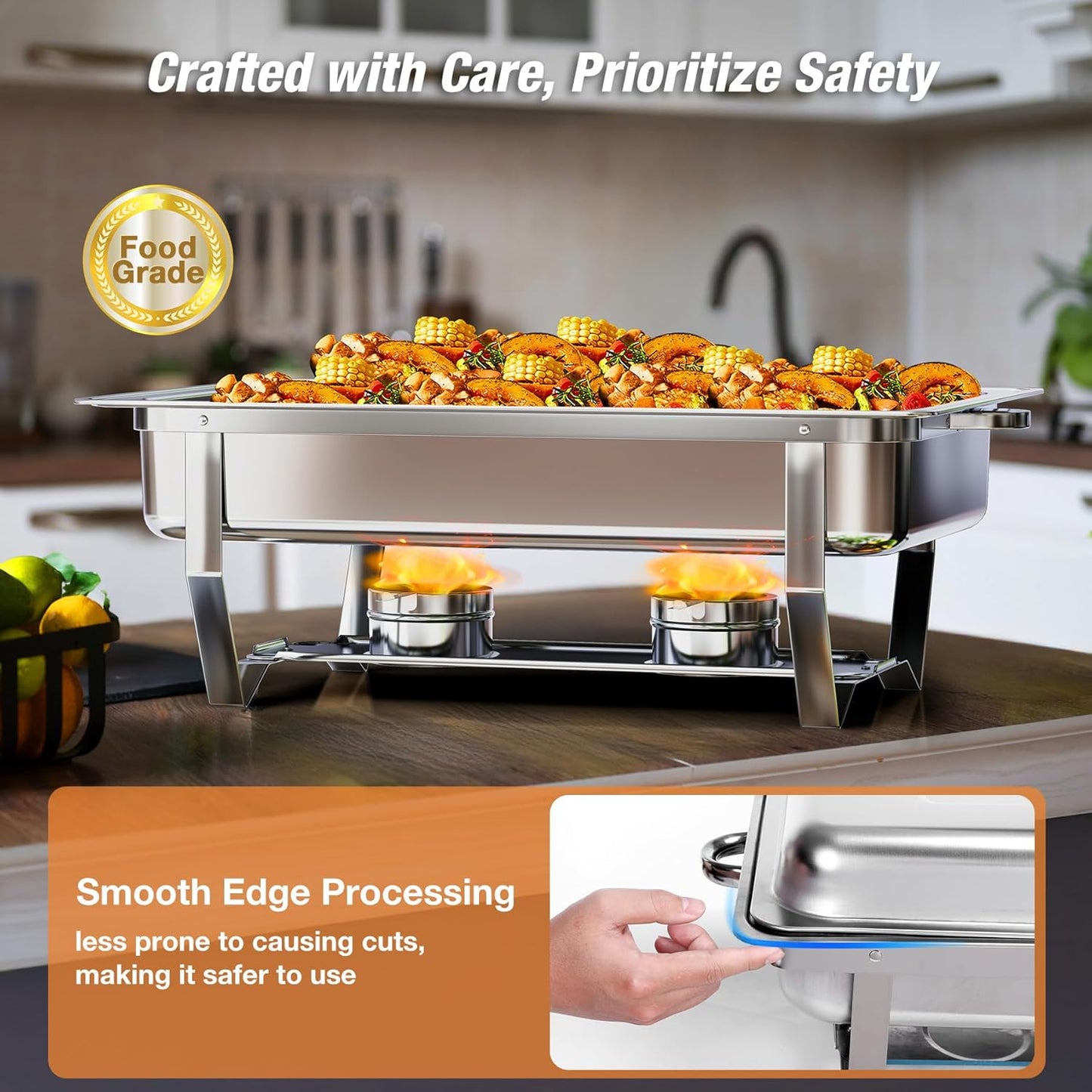 Chafing Dishes for Buffet 9QT 2 Pack, Easy Assembly, Food-Grade Stainless Steel Chafers for Catering w/Rolled Edge Design, Foldable Frame, for Party, Banquet (Full Size Food Pan)