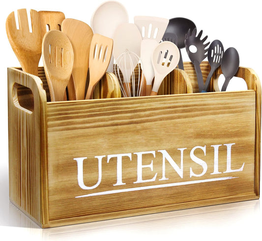 Kitchen Utensil Holder Rustic Large Wooden Utensil Organizer Cooking Tools Storage (Farmhouse Wooden)