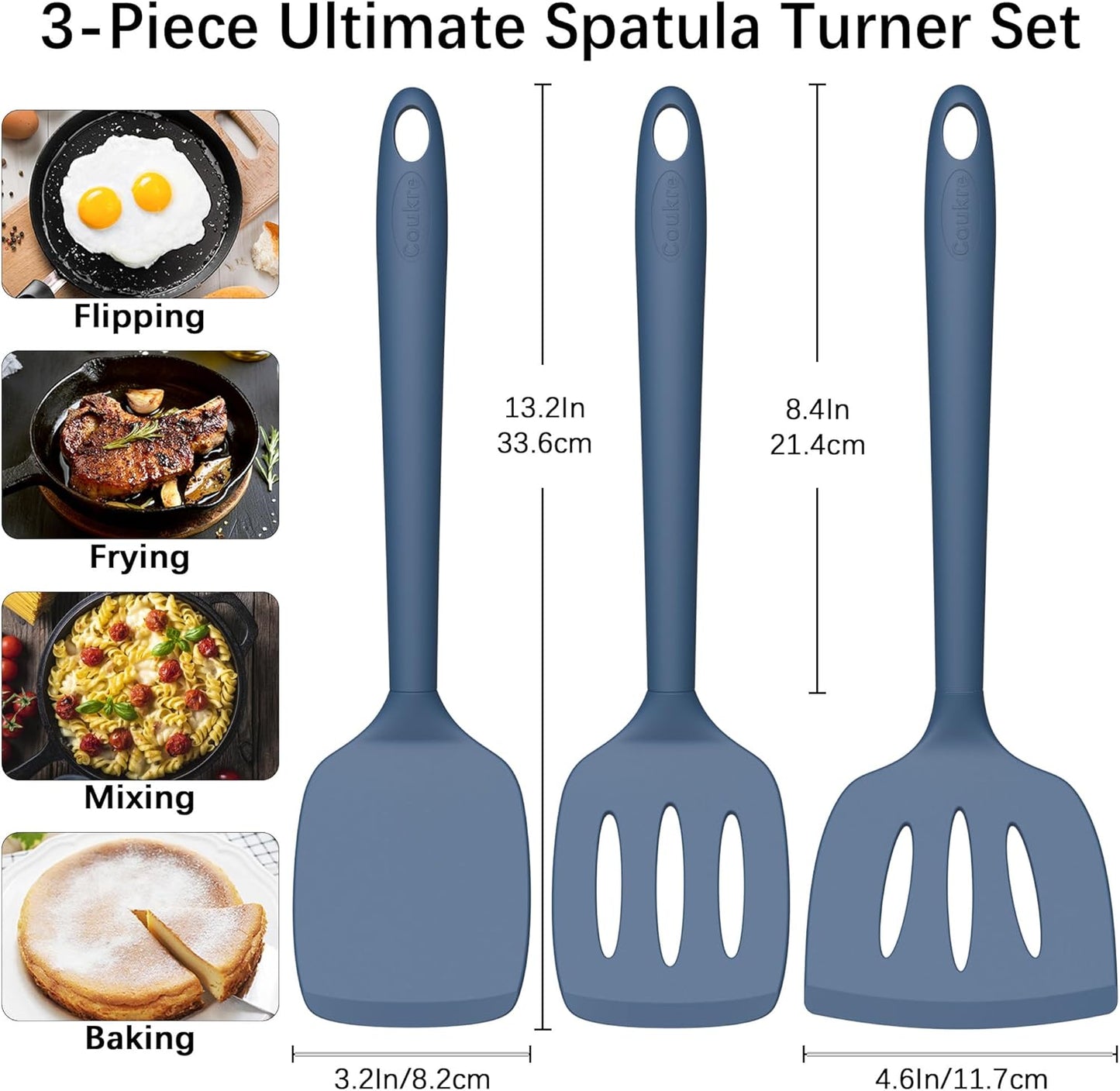 Coukre Silicone Spatula Set of 3, High Heat Resistant, BPA-Free, Kitchen Utensils, Fish Spatula, Solid & Slotted Turner for Non-Stick Pans, Flipping Eggs, Pancakes, Fish, Burgers (3, PureDarkBlue)