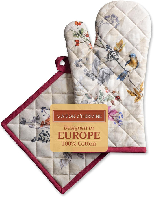 Maison d' Hermine 100% Cotton Oven Mitt & Pot Holder Set (7.5"x13" & 8"x8") Heat Resistant BBQ Cooking Gloves with Loop, Baking, Grilling, Kitchen, Handling Hot Pans (Equinoxe - Beige)