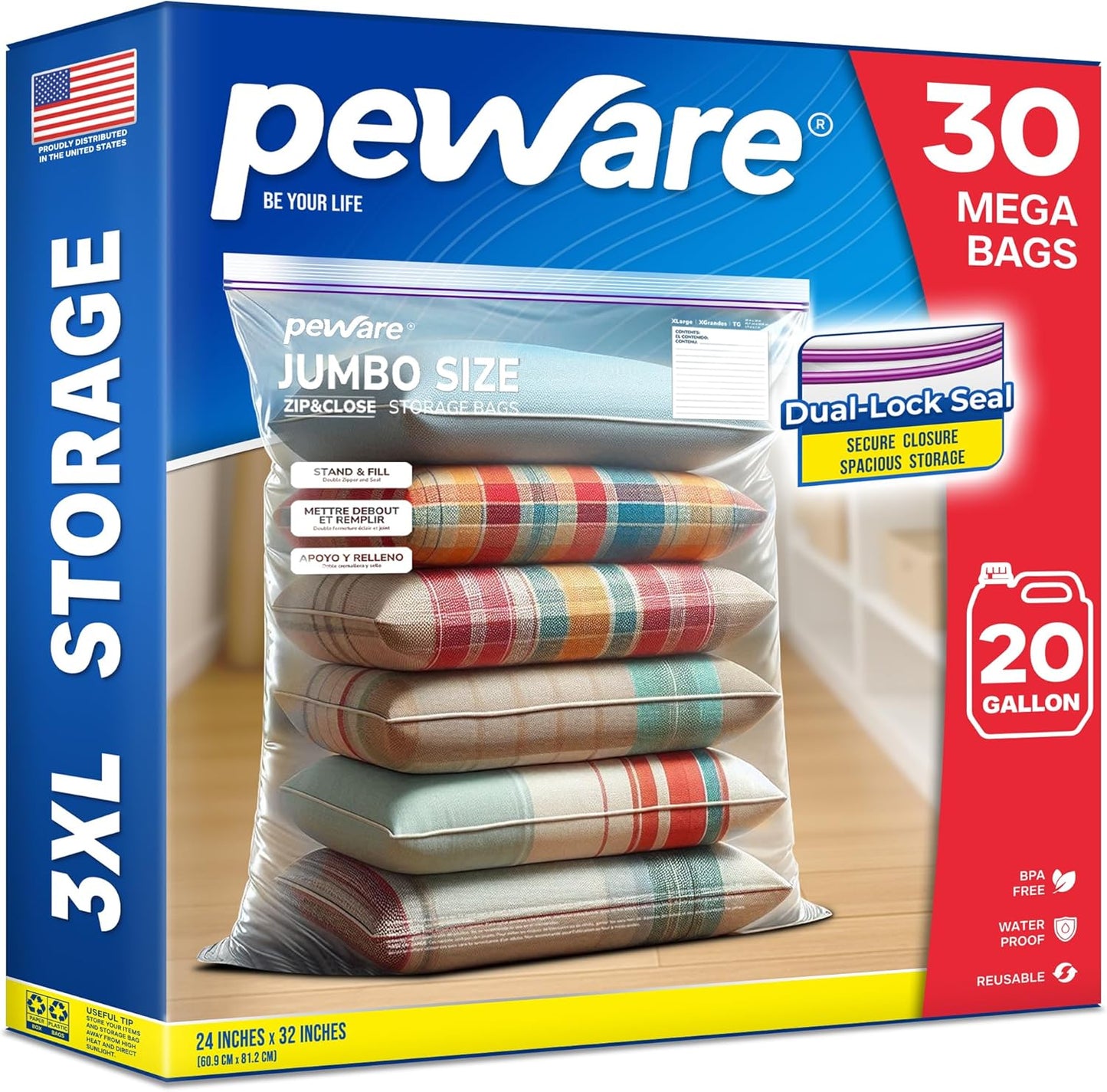 Large Storage Bags, 24"x32" Jumbo Plastic Bag, BPA Free, 20 Gallon 3XL Zipper Lock Baggies for Clothes Pillow Travel Moving - 30 Mega Bags