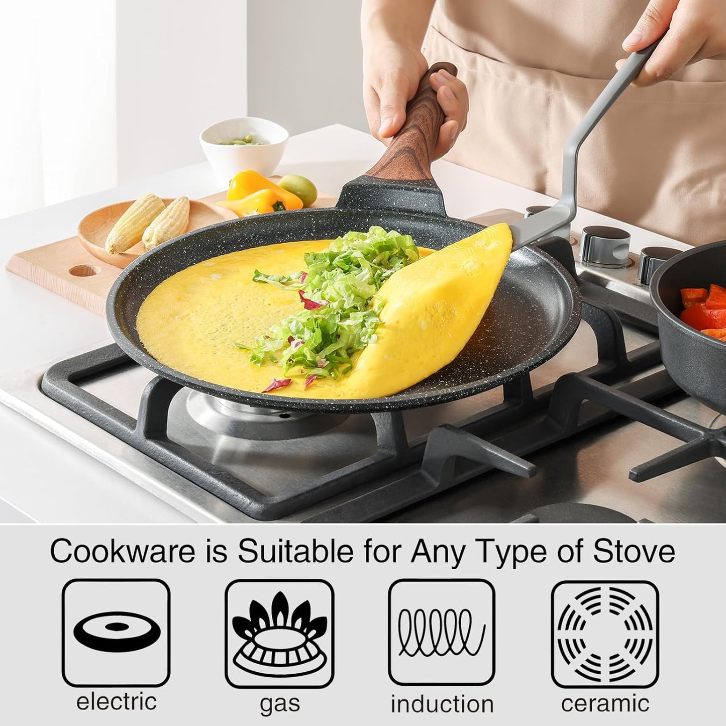 Crepe Pan Nonstick, 10 Inch Dosa Pan with Spreader, Granite Coating Comales Para Tortillas Pancake Pan, Flat Pan for Stove Top, Induction Compatible, PFOA Free