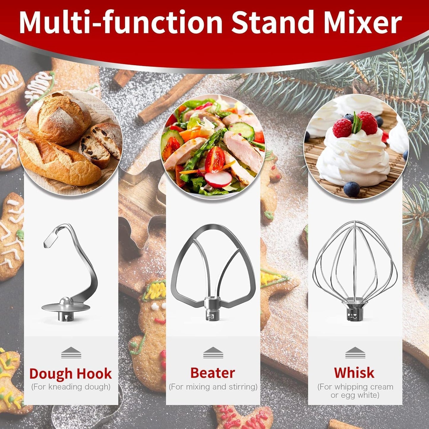Vospeed 9 IN 1 Stand Mixer, 850W Tilt-Head Multifunctional Electric Mixer with 8 QT Stainless Steel Bowl, 1.5L Glass Jar, Meat Grinder, Hook, Whisk, Beater Dishwasher Safe (Red)
