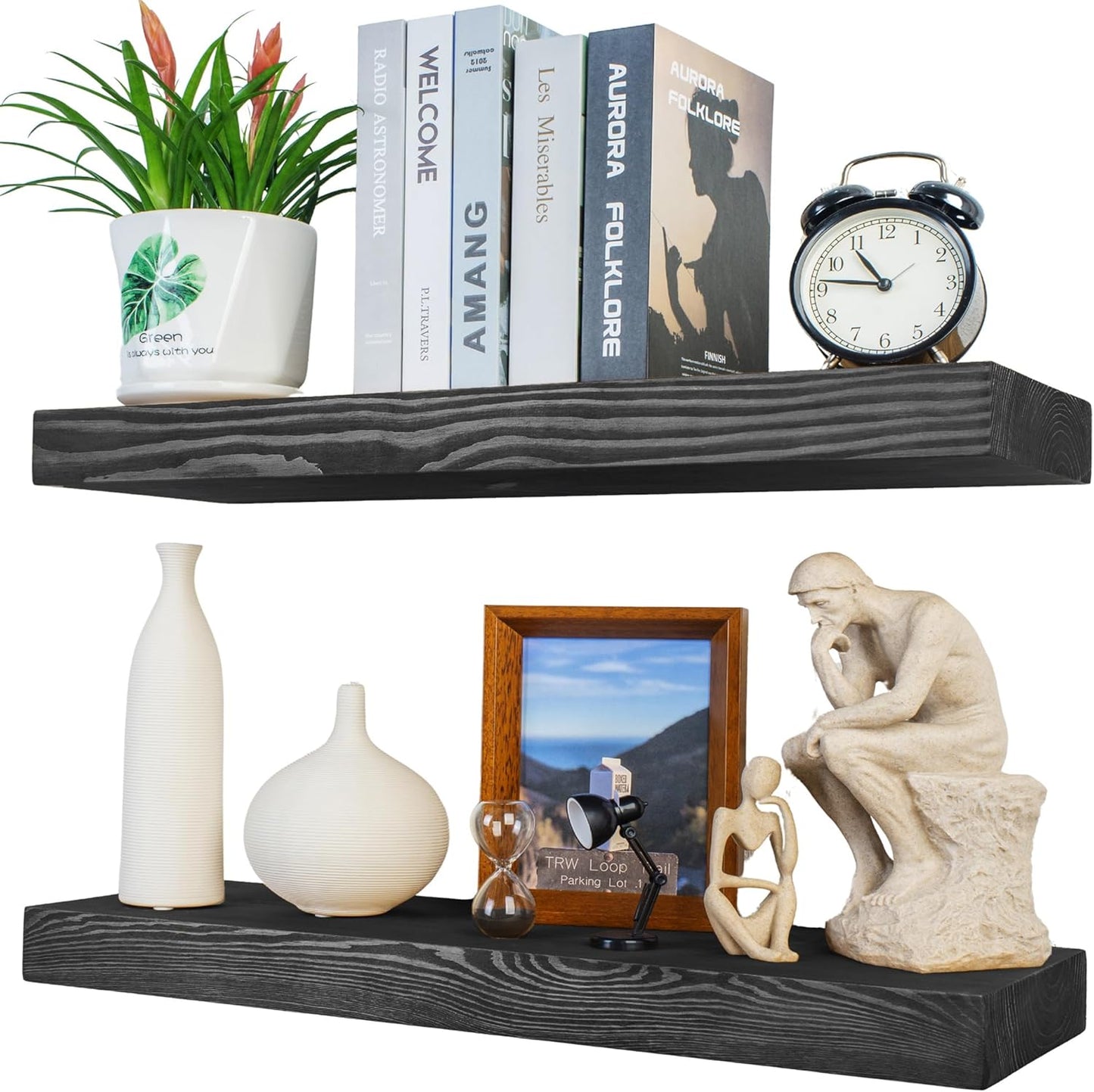 Rustic Floating Shelves 24 inch Long 8 inch deep Set of 2, Solid Wood Wall Shelves for Bedroom Living Room Kitchen,Book Shelf for Wall, Wall Mounted Shelves with Hidden Bracket- Black