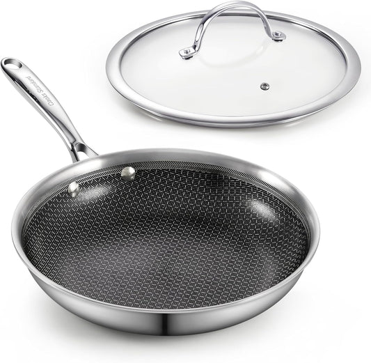 Cooks Standard Hybrid Nonstick Frying Pan, 10-Inch Skillet, Multi-Ply Clad Stainless Steel Fry Pan with Tempered Glass Lids, Oven Safe, Compatible with All Stovetops