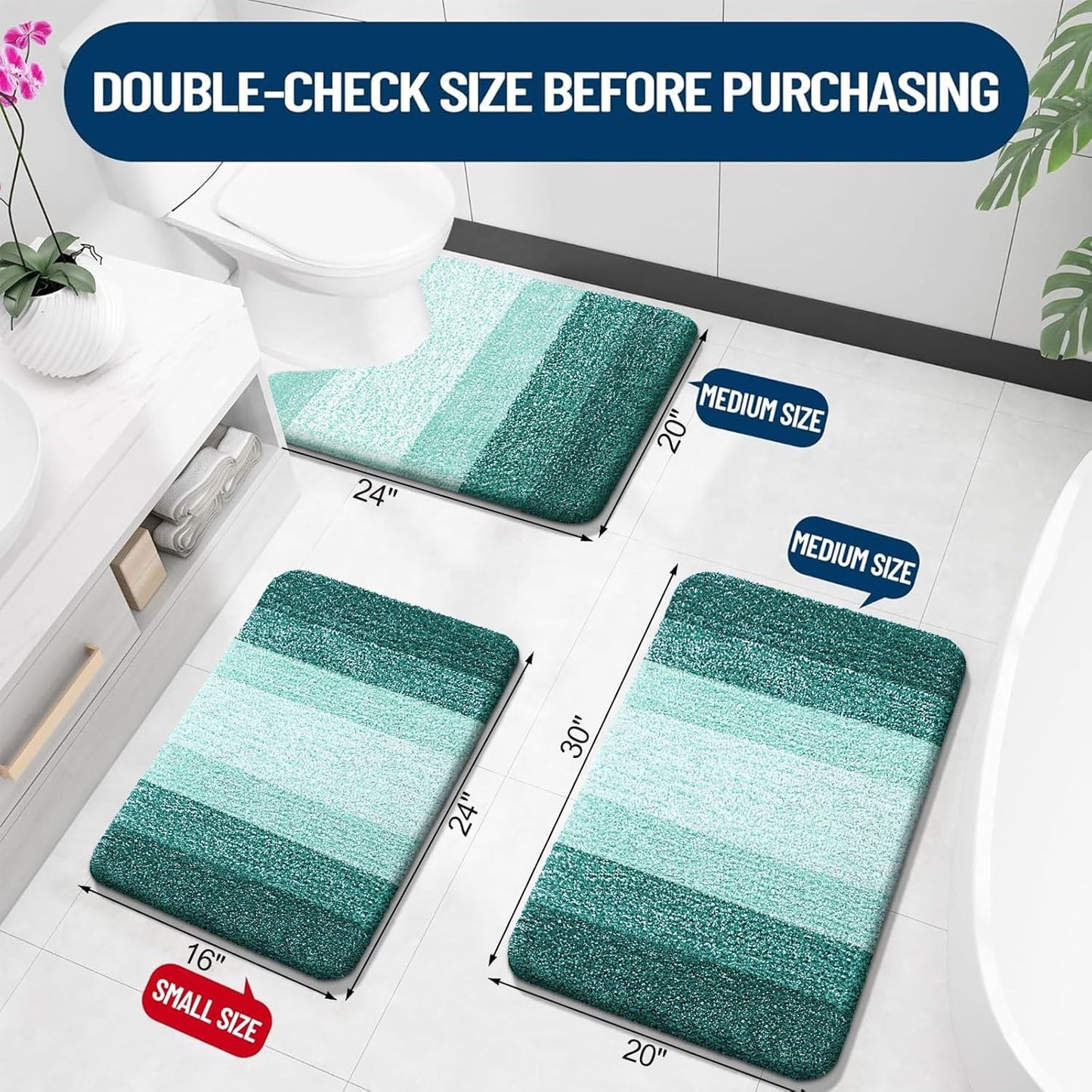 OLANLY Luxury Toilet Rugs U-Shaped 24x20, Extra Soft and Absorbent Microfiber Bathroom Rugs, Non-Slip Plush Shaggy Bath Mat, Machine Wash Dry, Contour Bathroom Mats for Toilet Base, Blackish Green