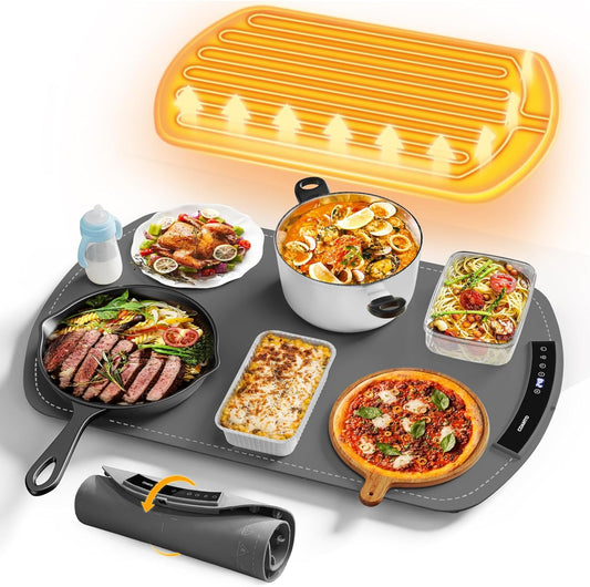 Food Warming Mat, Electric Warming Tray for Buffets & Parties, Silicone Heating Mat for Food with 9 Temperature Settings, Roll-Up Storage, 25.8"x15.6", Grey
