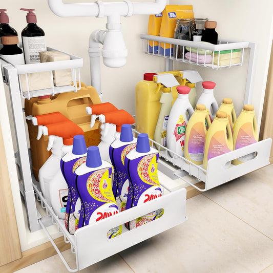 VUSIGN Under Sink Organizer, 2 Tier Pull Out Bathroom Cabinet Organizer, Under Kitchen Sink Organizers and Storage, Under Sink Shelf,2 Pack, White