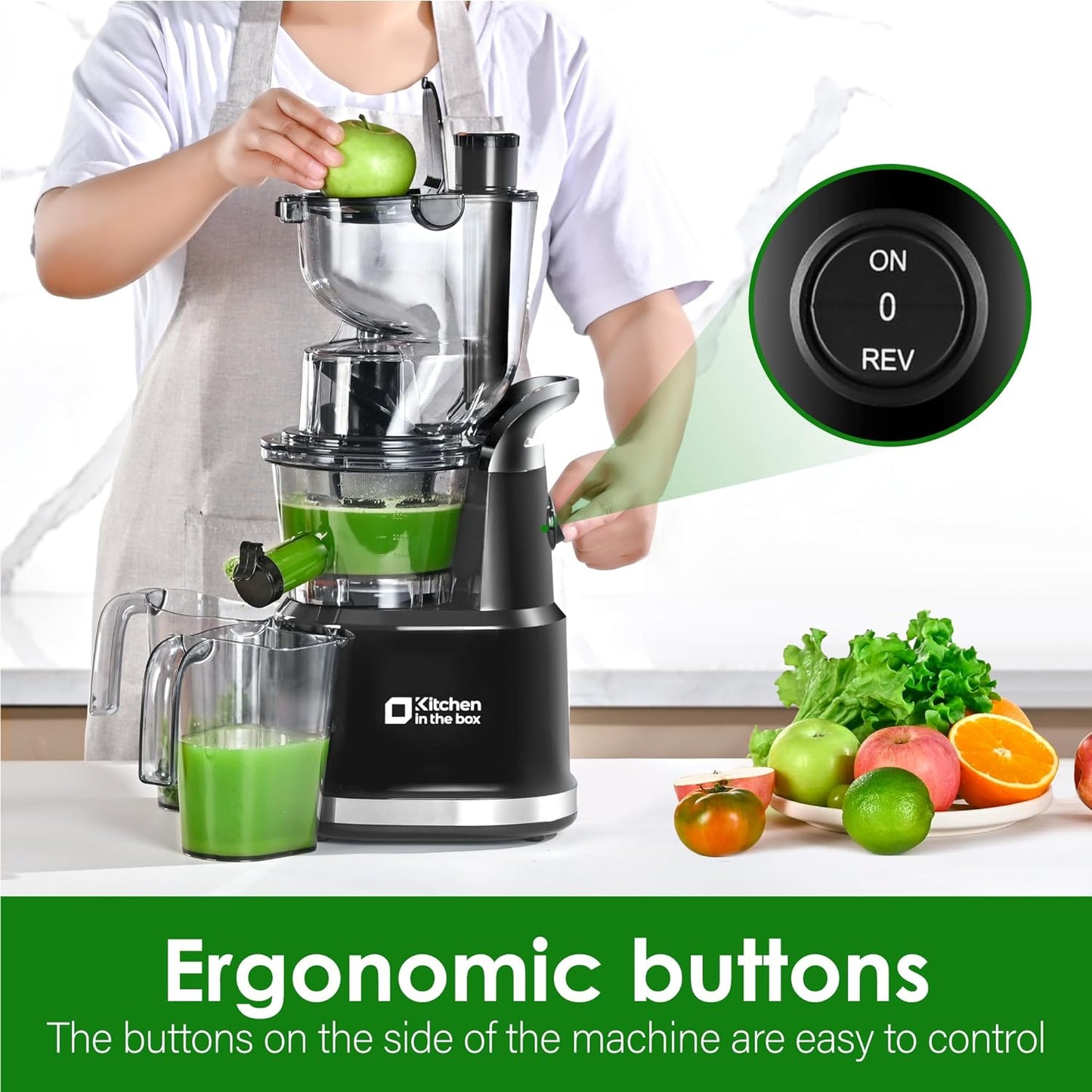 Cold Press Juicer Machines, Kitchen in the Box Slow Masticating Juicers Machine,3.26inch Large Wide Feed Chute Fit Whole Fruits & Vegetables,BPA Free,Easy to Clean (Bright Black)