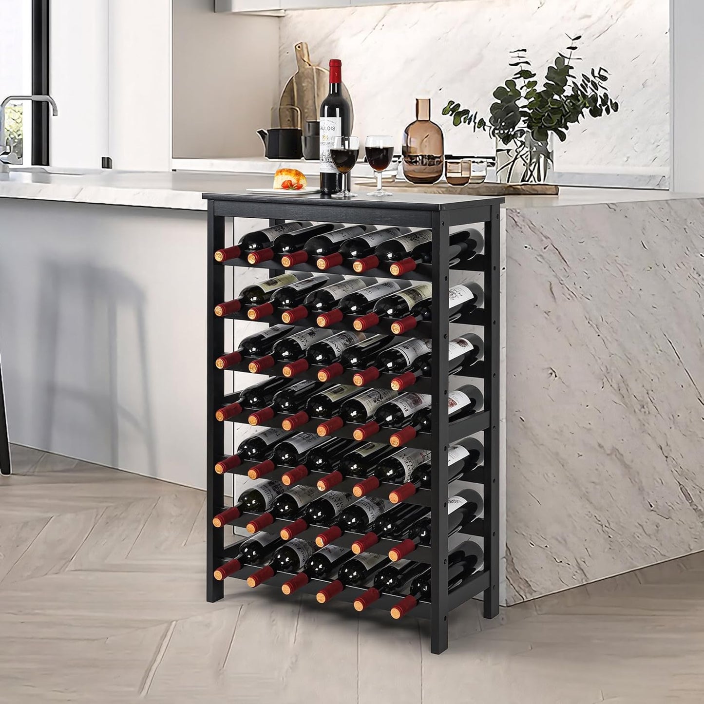 VASMIA 42 Bottles Bamboo Wine Rack,7-Tier Wine Rack Freestanding Floor with Table Top, Wine Storage Shelf for Kitchen Dining Room Bar,Black