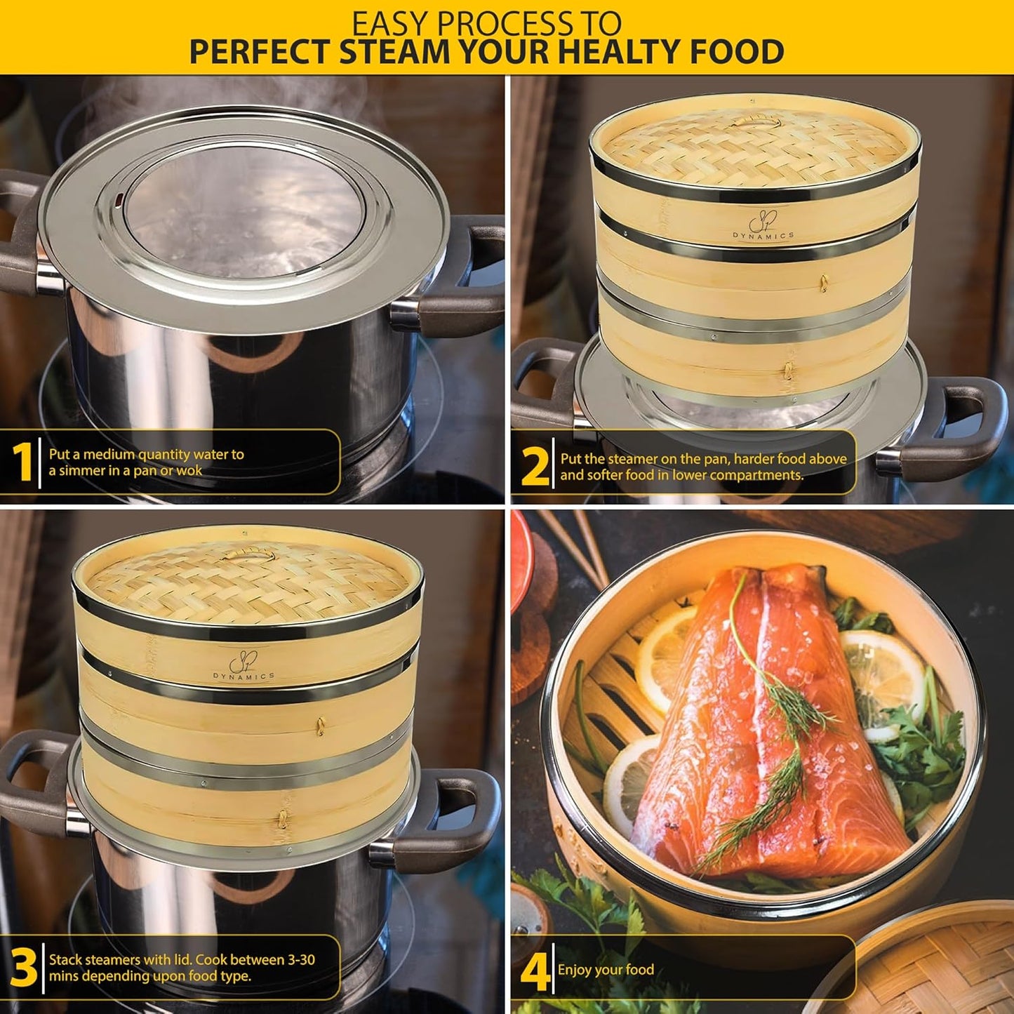 Bamboo Steamer Basket Set Chinese Cuisine 10-inch 2 Tiers Vegetable Steaming Basket for Cooking with Chopsticks, Sauce Dishes, and Reusable Liners - Dumpling Steamer Baskets