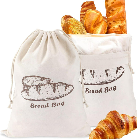 Bread Bag with Inside Lining, 2 Pack Reusable Linen Bread Storage Bags, 11.75" x 11.5" Homemade Bun Container, Double Drawstring Closure for Fruit and Baguette, Artisan Bread Storage