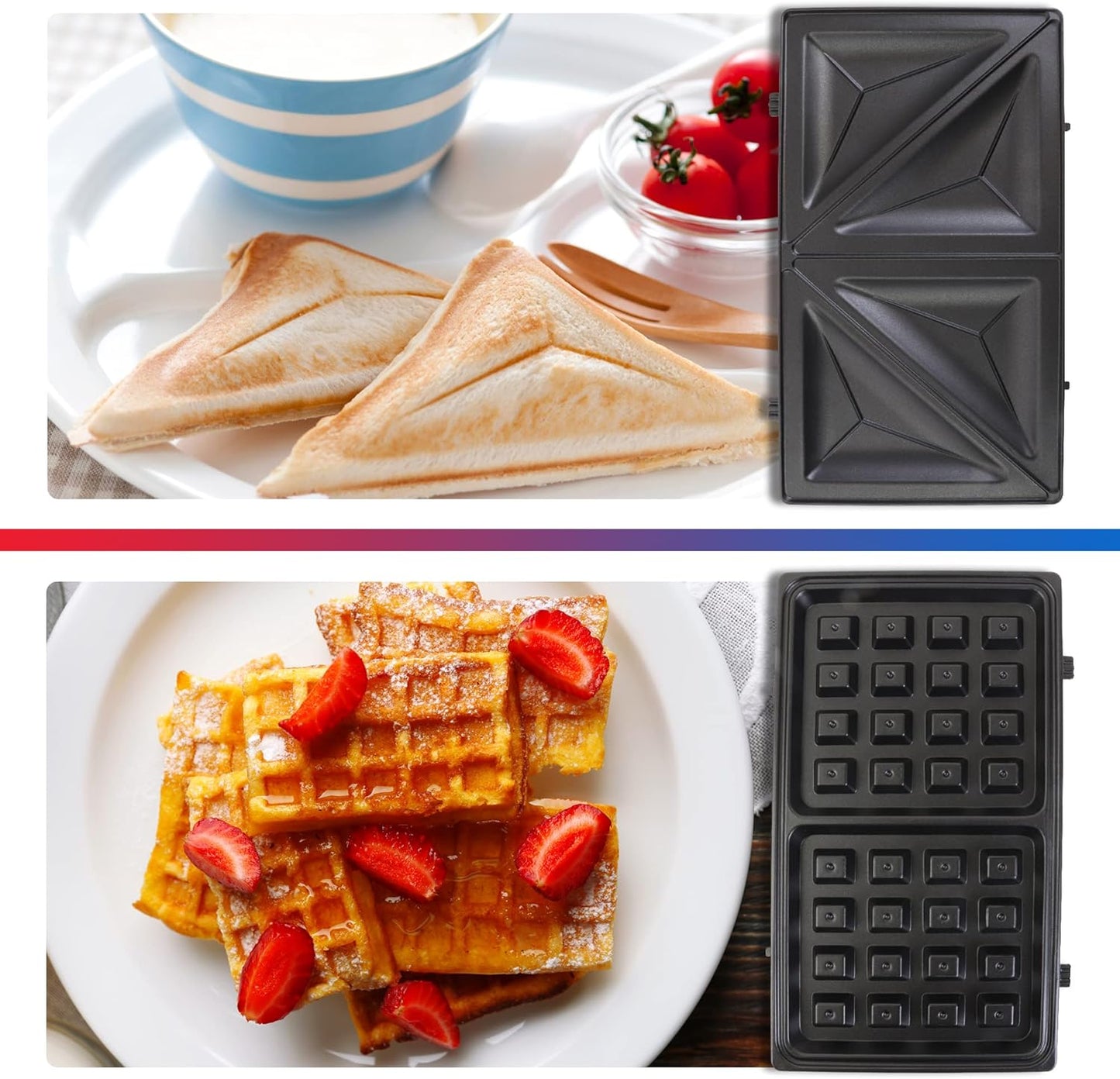 Total Chef 4 in1 Grill Waffle Maker - Sandwich, Panini Press Machine, Electric, Mini Belgium Waflera, Non-Stick Removable Plates, Easy To Clean Countertop Cooking Kitchen Appliance For Breakfast