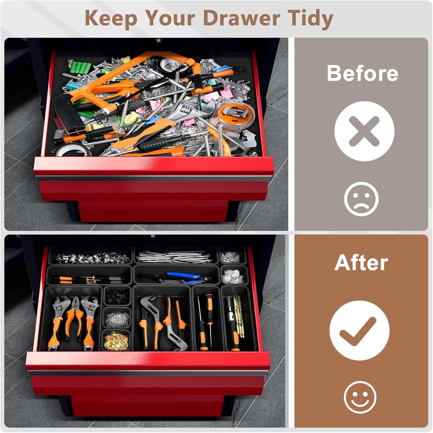 A-LUGEI【𝟱𝟴𝗣𝗰𝘀】【5 Size】 Tool Box Organizer Tray Divider Set, 【Black】 Desk Drawer Organizer, Garage Organization and Storage Toolbox Accessories Rolling Tool Chest Cart Cabinet WorkBench Small Part