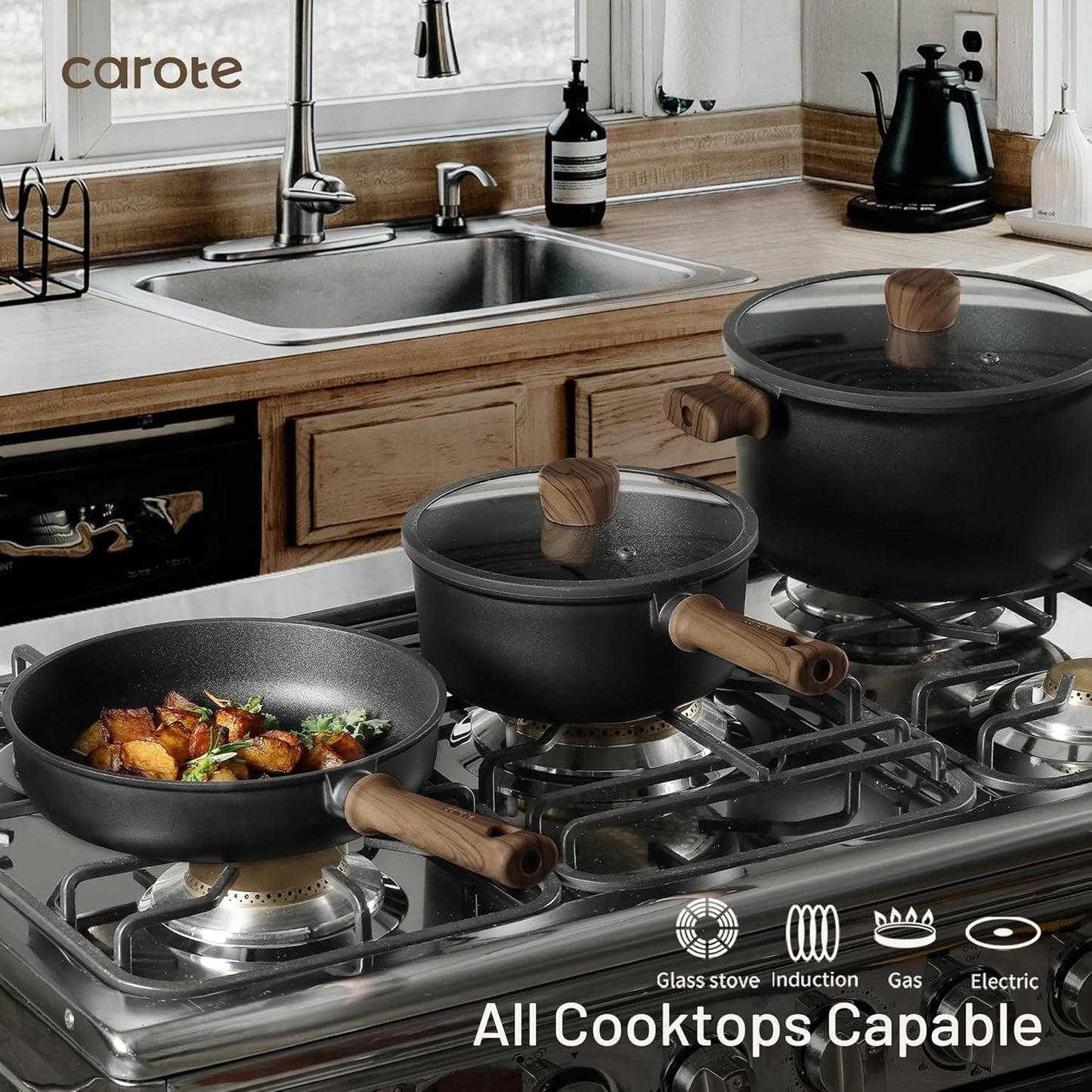 CAROTE Nonstick Pots and Pans, Induction Cookware Set Kitchen Cooking Sets, Non Stick w/Frying Pan (PFOS, PFOA Free), Black, 16pcs