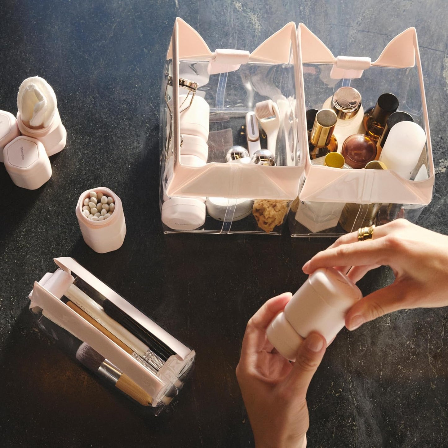 Cadence Travel Containers - Full Skincare Set - Magnetic Containers with Lids,Carry On Travel Essentials For Women/Men - 2 Small (0.56oz), 4 Medium Capsules (1.32oz), & Extender (1.43oz) - Eucalyptus