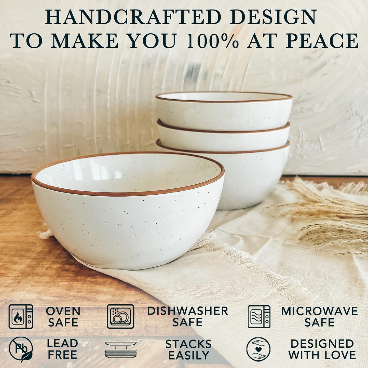 Mora Ceramic Bowls For Kitchen, 28oz - Bowl Set of 4 - For Cereal, Salad, Pasta, Soup, Dessert, Serving etc - Dishwasher, Microwave, and Oven Safe - For Breakfast, Lunch and Dinner - Vanilla White