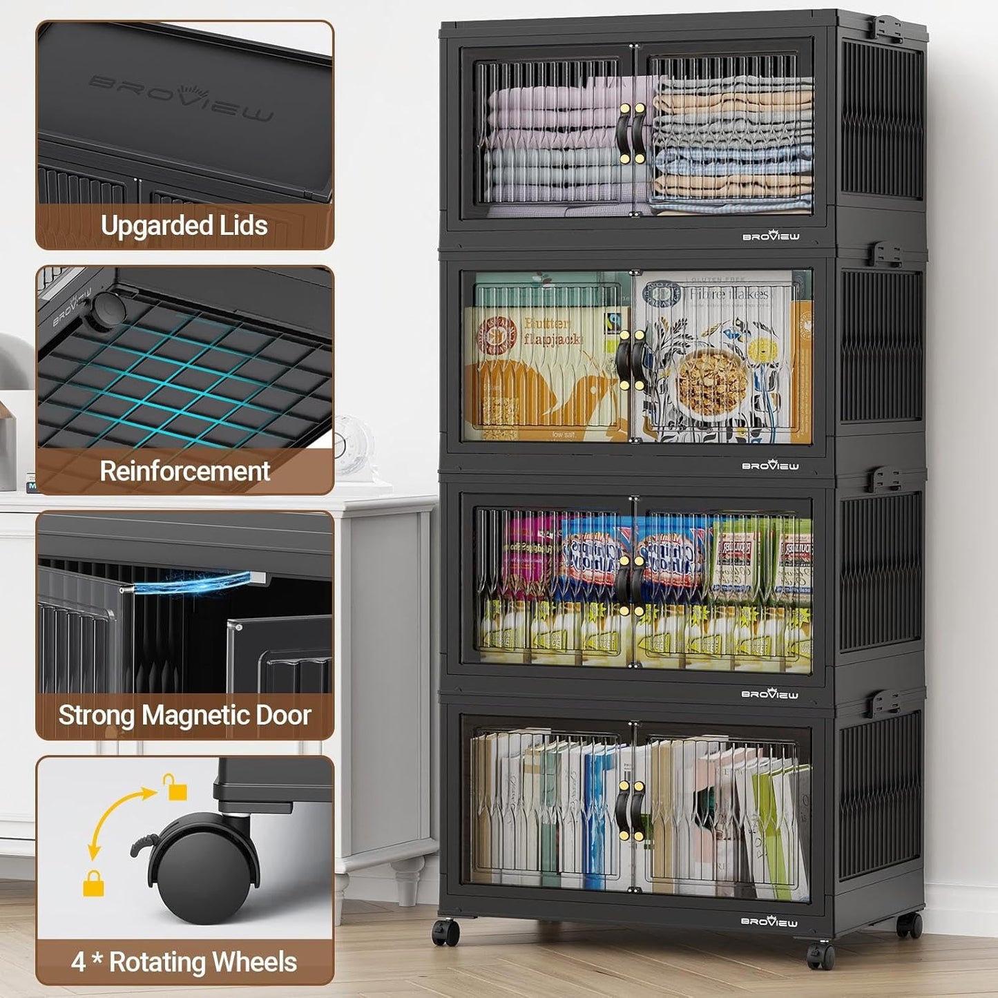 400Qt Stackable Storage Bins with Lid, Extra Large Closet Organizer Collapsible Drawer Boxes with Wheels, Folding Plastic Cabinet Containers for Home Kitchen Room Organization, 4Pack Black
