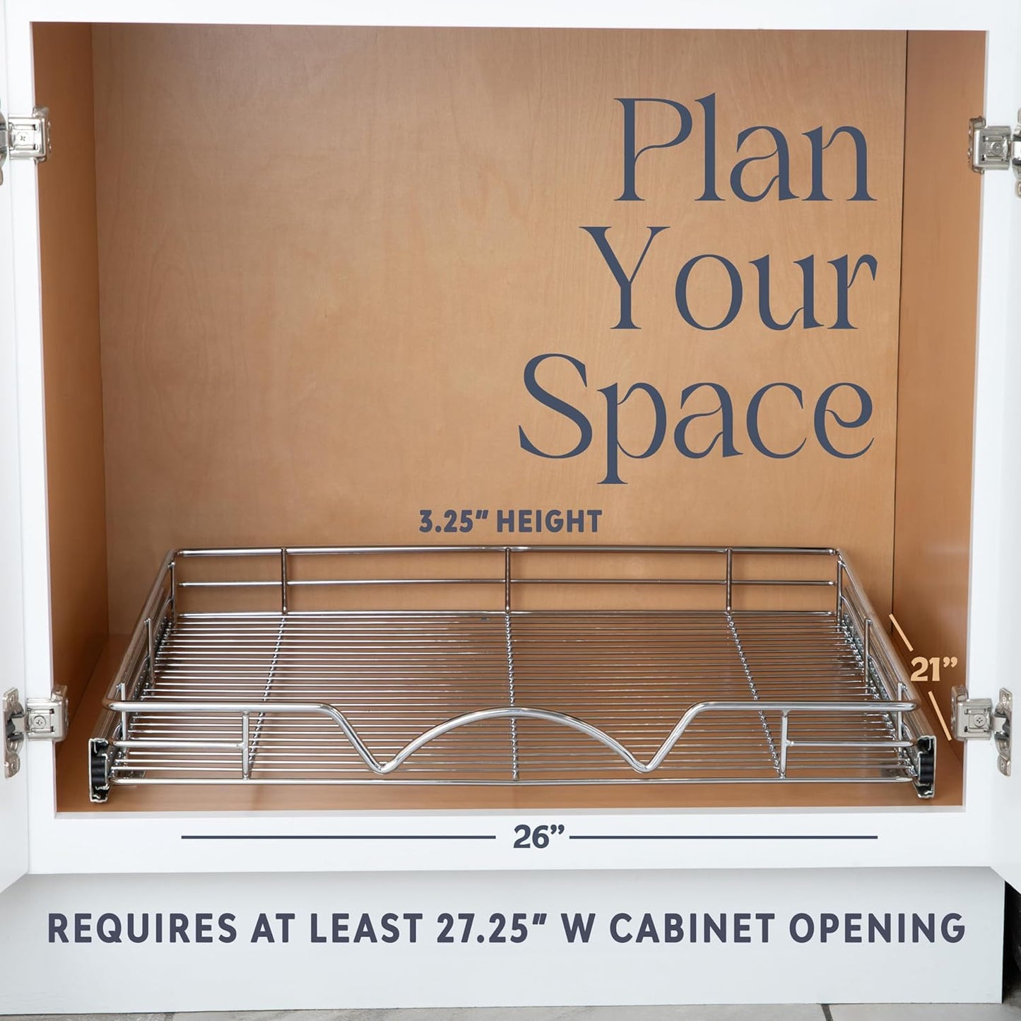 HOLDN’ STORAGE Pull Out Cabinet Organizer, Heavy Duty Caddy w/Lifetime Limited Warranty -26”W x 21”D - Requires At Least 27-1/4” Cabinet Opening, Steel Metal Cabinet Drawers Slide Out, Chrome