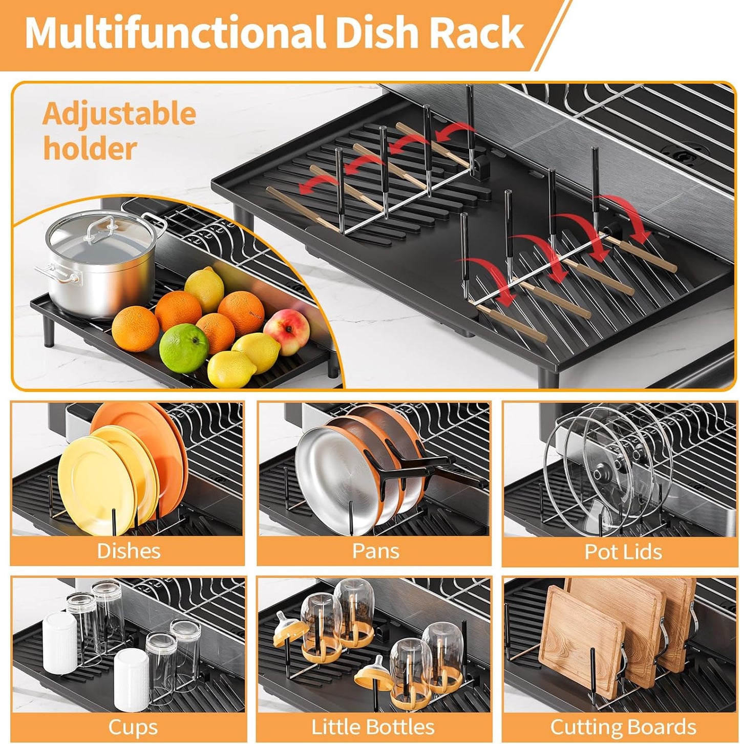 Dish Rack for Kitchen Counter, 304 Stainless Steel Dish Drying Rack, Expandable Dish Drainer, Foldable Dish Strainer with Cutlery Holder, Kitchen Plate Rack (Black, Large Size)