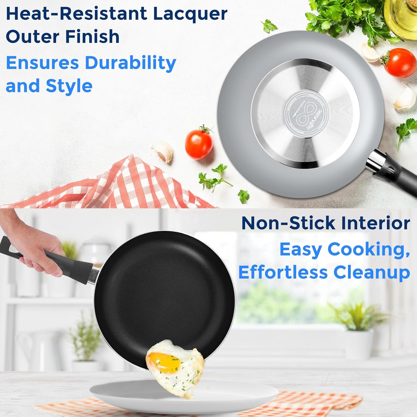 SereneLife Kitchenware Pots & Pans Basic Kitchen Cookware, Black Non-Stick Coating Inside, Heat Resistang Lacquer (11 Piece set), One Size, Gray