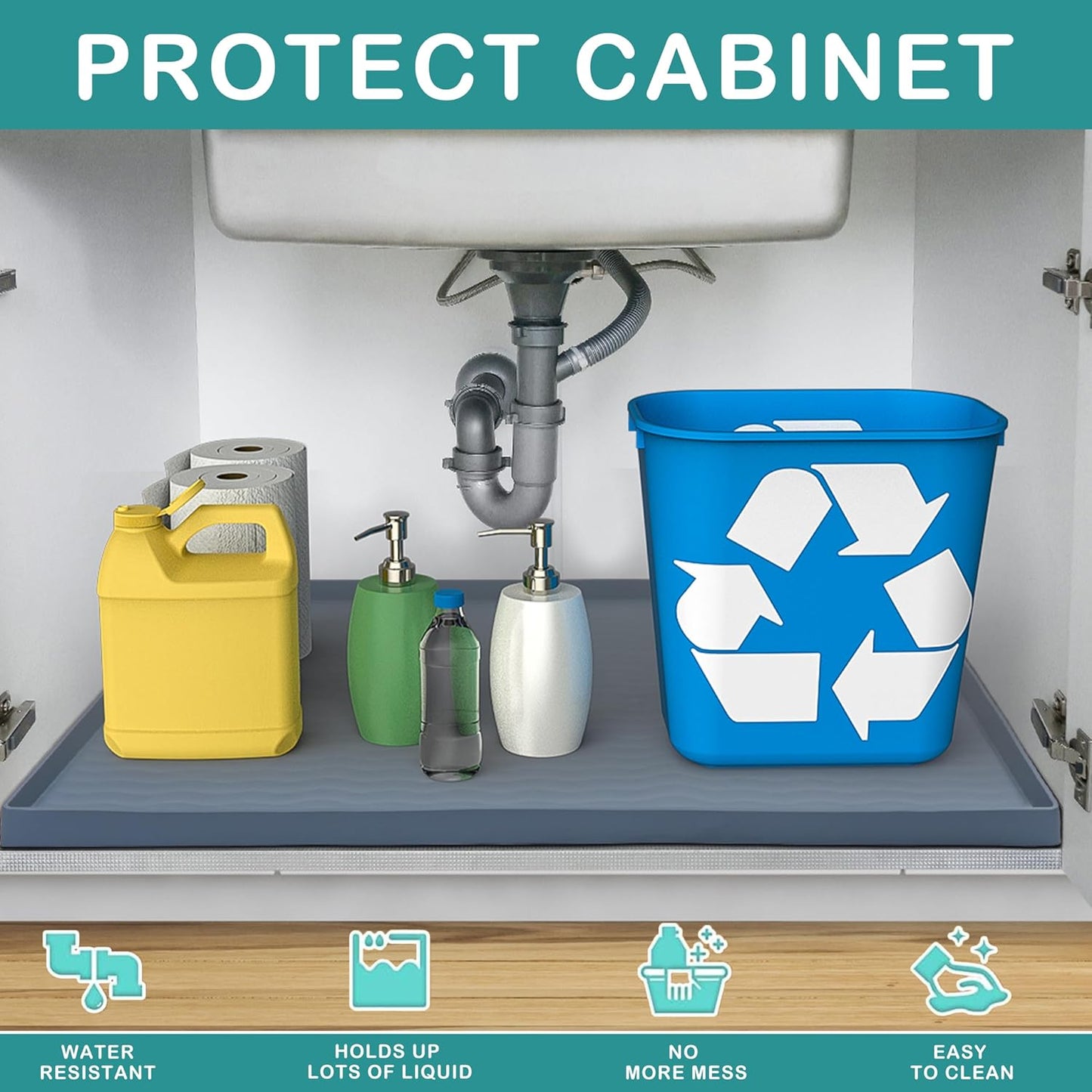 URMONA Waterproof Silicone Under Sink Mat 28'' x 22'' Shelf Liner for Kitchen and Bathroom, Cabinet and Counter Protector, Storage and Organizers, Litter Mat, Pet Cat Puppy Essentials(Black)