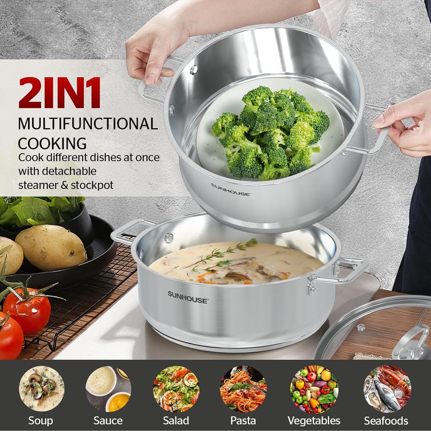 [New Version] Sunhouse 2-Tier Stainless Steel Steamer Pot with Lid - Larger 5.5 QT Steamer & 3.8 QT Stockpot Base - Induction Ready, Compatible with All Cooktops