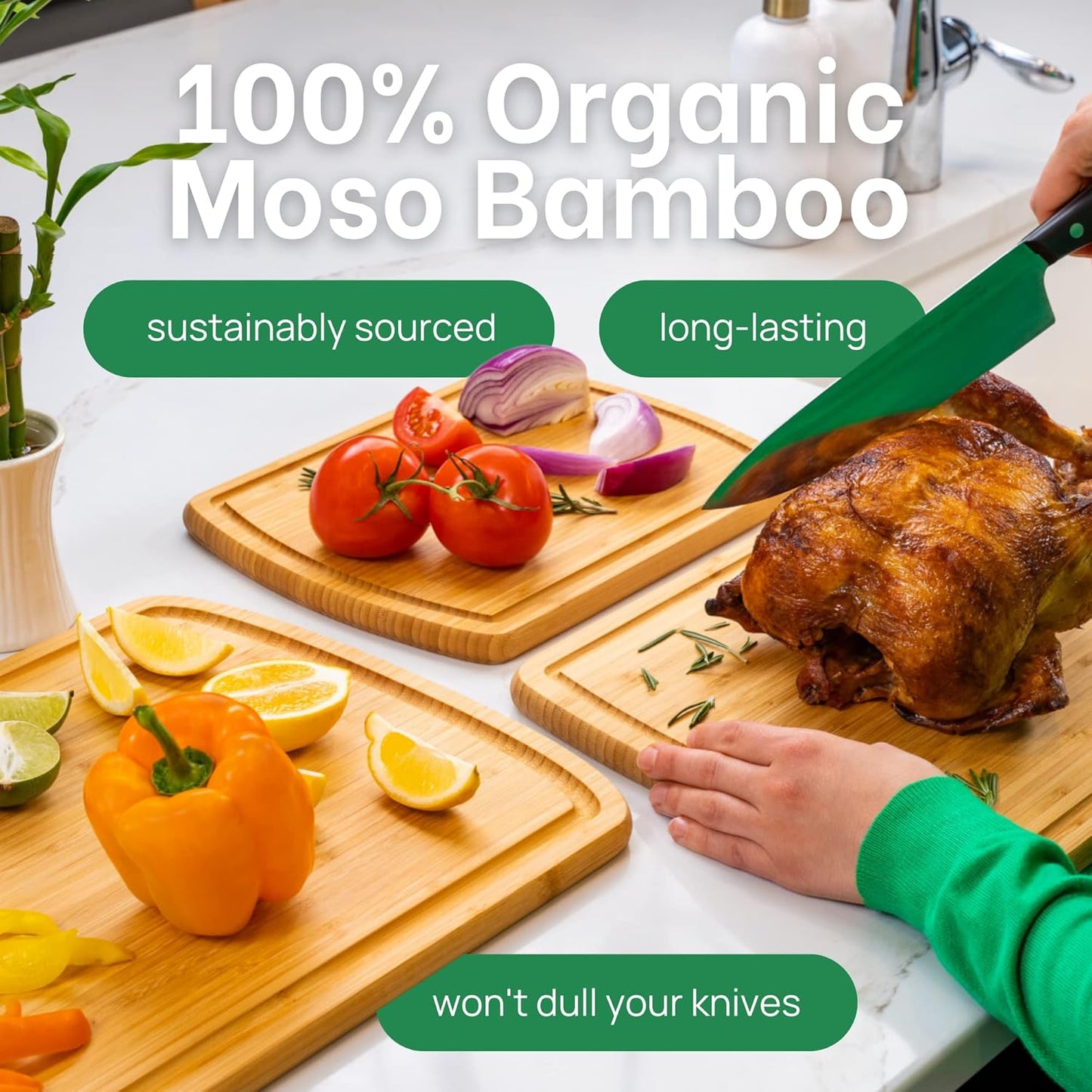 FSC® Certified Extra Large Bamboo Cutting Boards for Kitchen, Organic Wooden Cutting Board Set with 67% Larger Surface, Non-Toxic, Lifetime Replacements