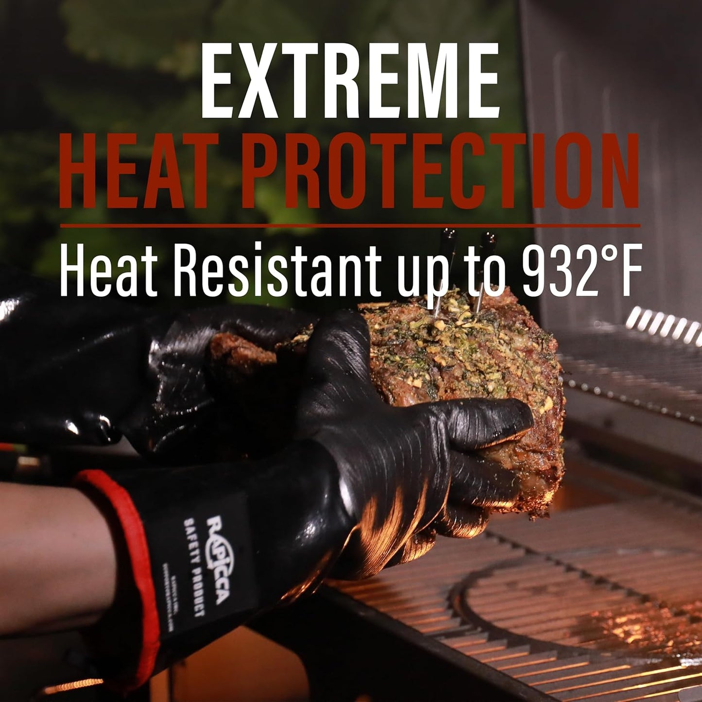 RAPICCA 932°F Heat Resistant BBQ Grill Gloves: Oil Resistant Waterproof for Smoking Grilling Cooking Barbecue Deep Frying Turkey Rotisserie Handling Hot Greasy Meat Stocking Stuffers - Long Sleeve