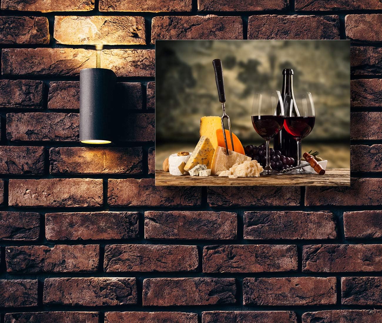 Looife Kitchen Still Life Canvas Wall Art, 36x24 Inch Gallery Wrapped Red Wine with Cheese Picture Prints Wall Decor, Food Art Deco for Dining Room and Bar Decoration