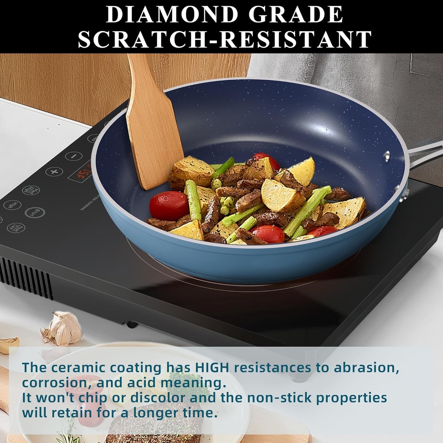Nuwave 9pc Cookware Set Healthy Duralon Blue Ceramic Nonstick Coated, Diamond Infused Scratch-Resistant, PFAS Free, Oven Safe, Induction Ready & Evenly Heats, Tempered Glass Lids & Stay-Cool Handle