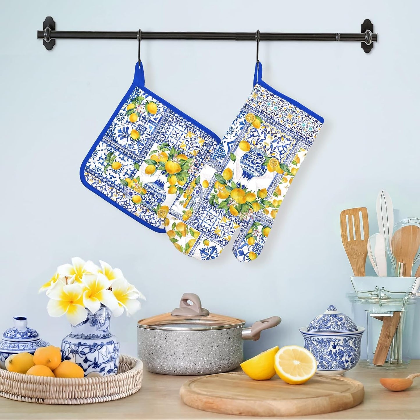 Yellow Lemon Oven Mitts and Pot Holders Sets 2Pcs, 100% Cotton Heat Resistant, Extra Long Oven Gloves Potholder for Kitchen Cooking Baking Decoration