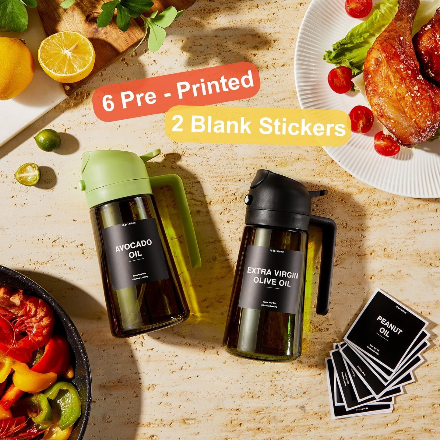 CXINYI - 16oz/470ml Olive Oil Dispenser for Kitchen with Stickers - 2 in 1 Olive Oil Sprayer for Cooking, Air Fryer, and Salad, Black (Light-Proof Kitchen Gadget)