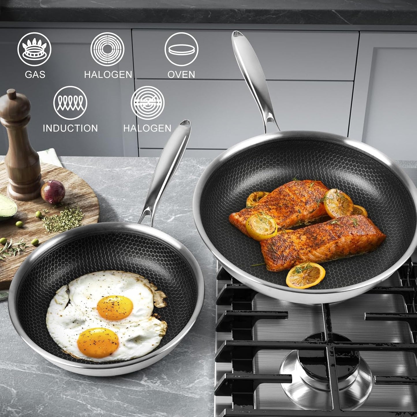 Stainless Steel Frying Pan 8 Inch Nonstick Honeycomb Coatings Skillet for Eggs & Omelettes-Non Toxic Healthy Kitchen Cooking Pan Compatible with All Cooktops